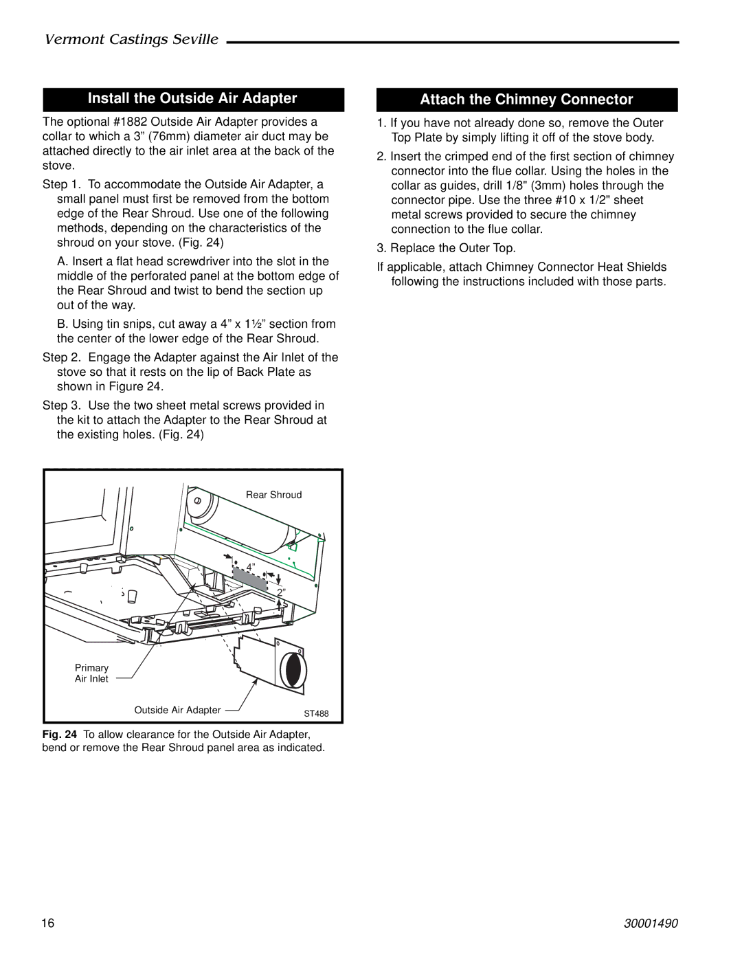 Vermont Casting 1635, 1638, 1637, 1636 installation instructions Install the Outside Air Adapter, Attach the Chimney Connector 