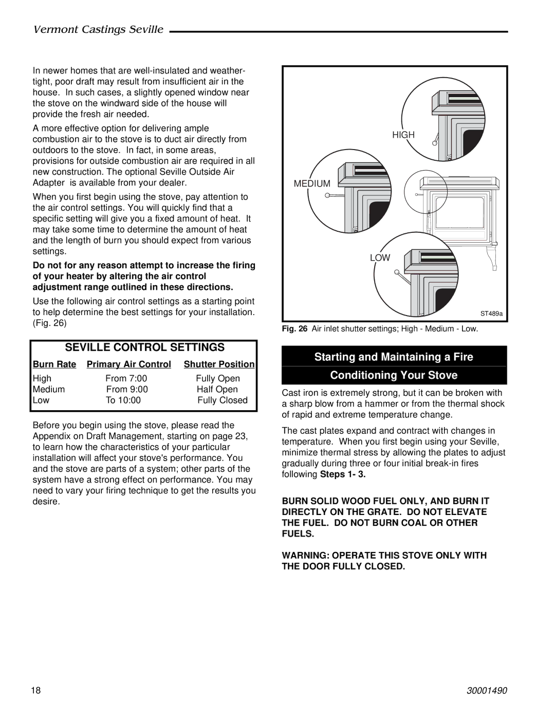 Vermont Casting 1637, 1635, 1638, 1636 installation instructions Starting and Maintaining a Fire Conditioning Your Stove 