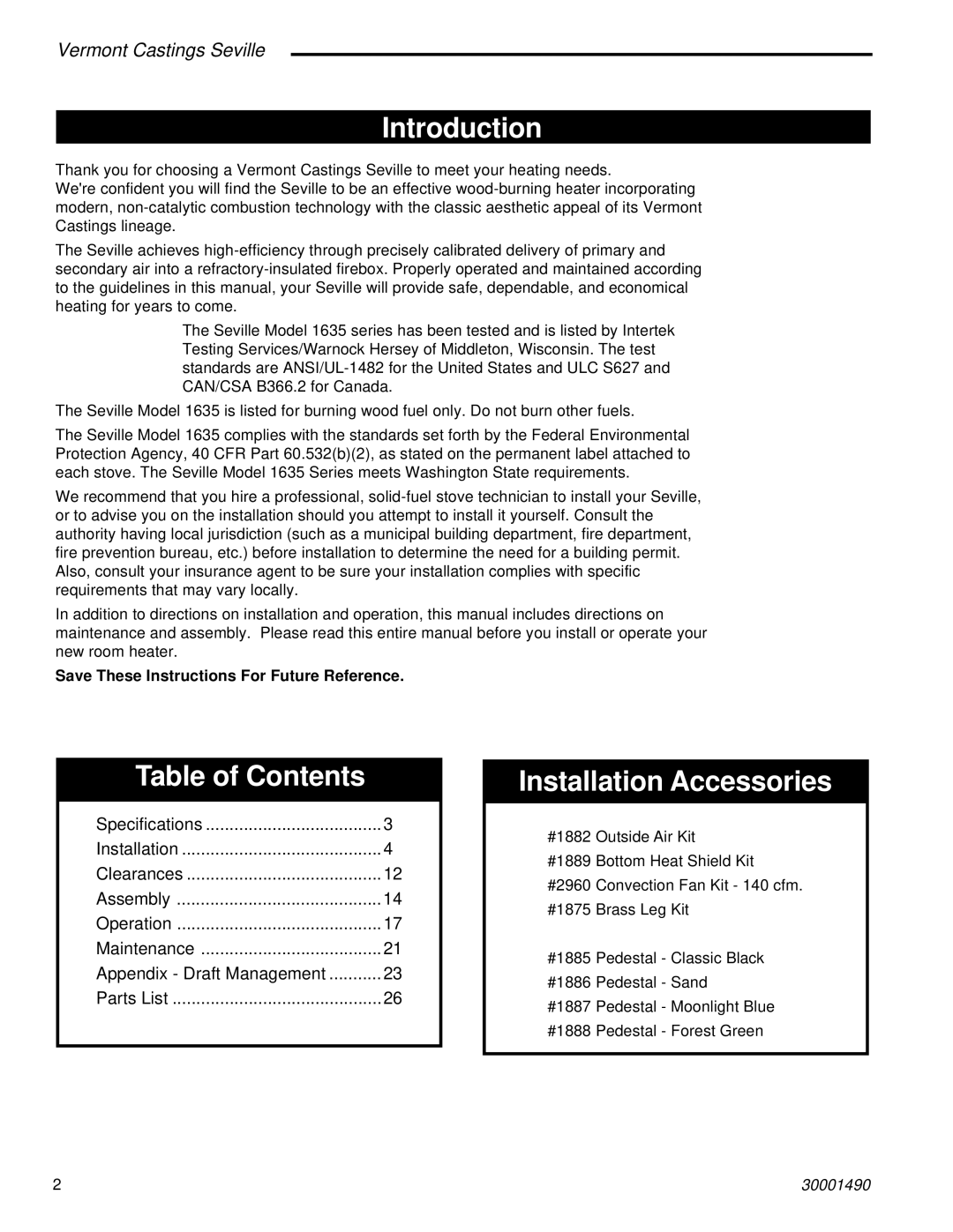 Vermont Casting 1637, 1635, 1638, 1636 installation instructions Introduction, Table of Contents, Installation Accessories 