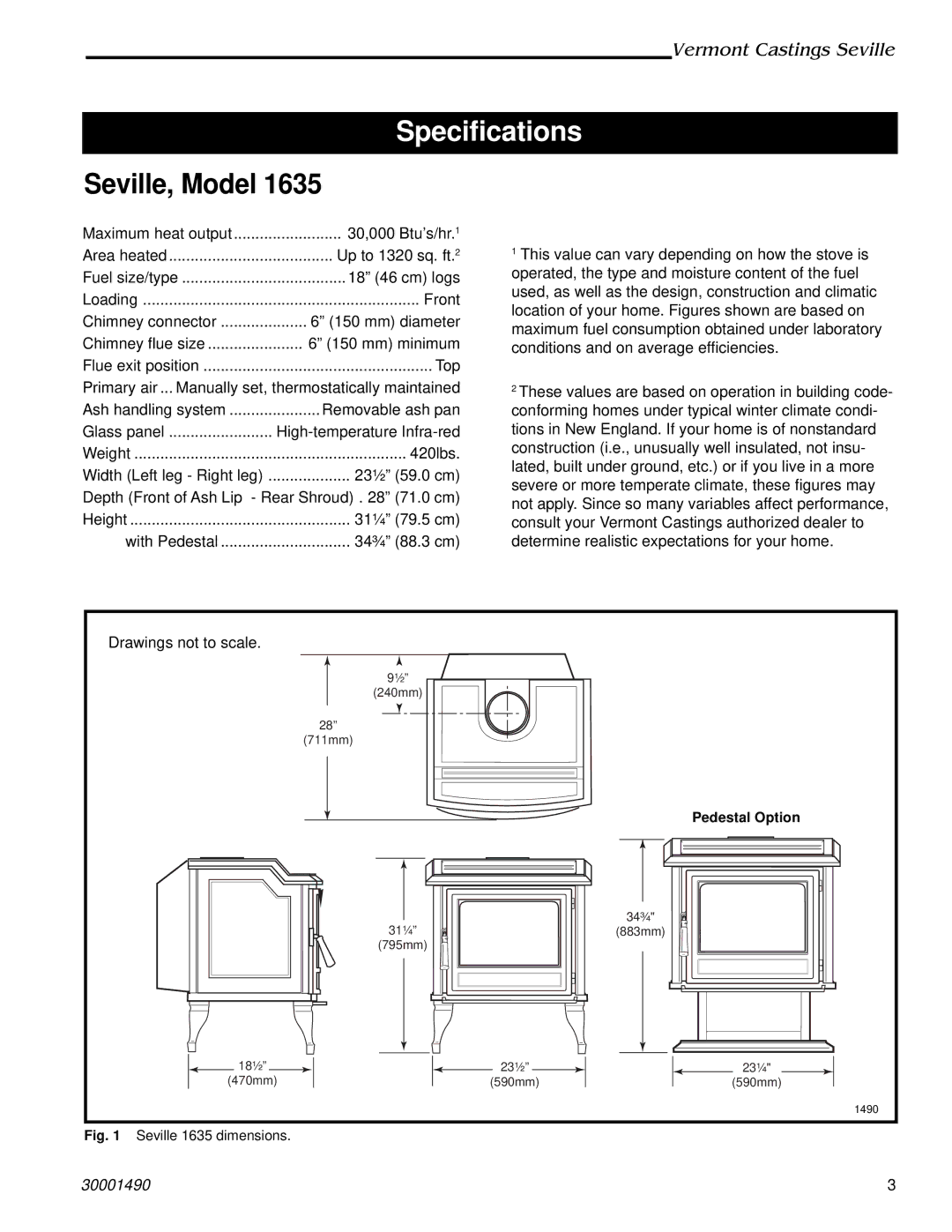 Vermont Casting 1636, 1635, 1638, 1637 installation instructions Specifications, Seville, Model 