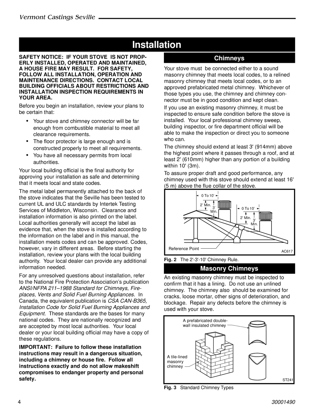 Vermont Casting 1635, 1638, 1637, 1636 installation instructions Installation, Masonry Chimneys 