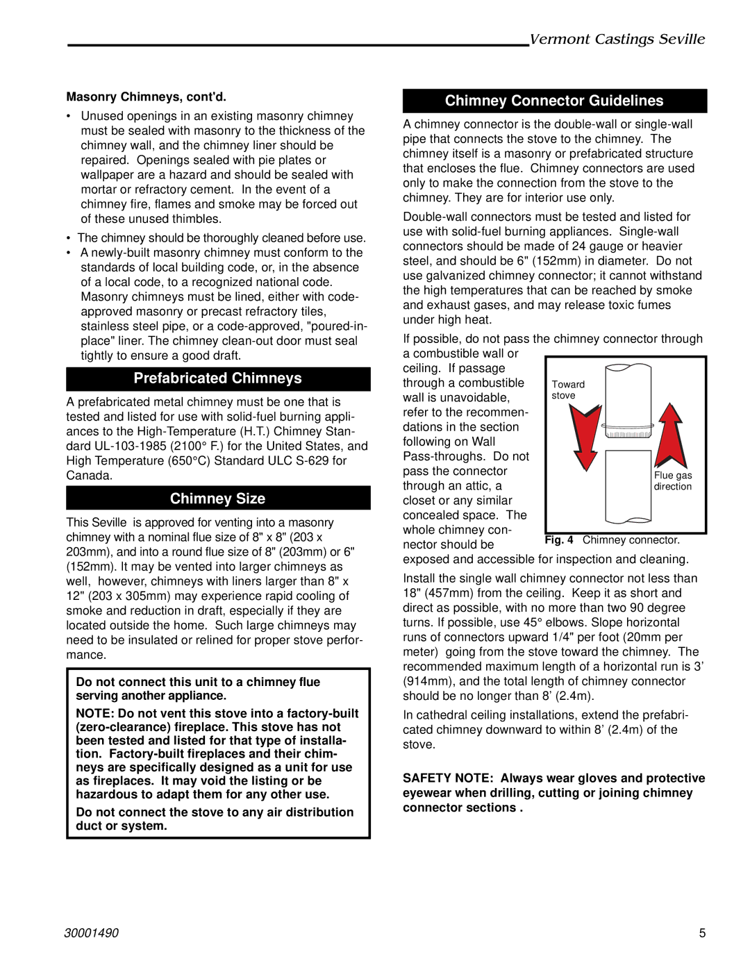 Vermont Casting 1638, 1635 Prefabricated Chimneys, Chimney Size, Chimney Connector Guidelines, Masonry Chimneys, contd 