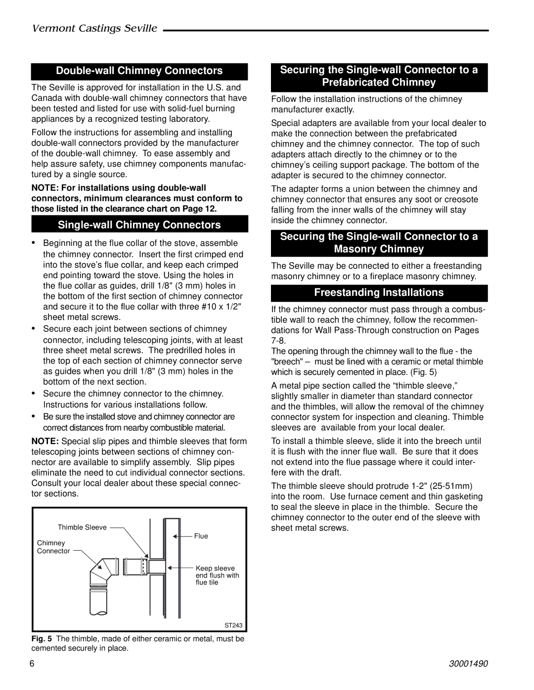 Vermont Casting 1637, 1635, 1638 Double-wall Chimney Connectors, Single-wall Chimney Connectors, Freestanding Installations 