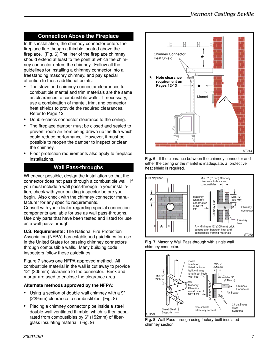 Vermont Casting 1636, 1635, 1638 Connection Above the Fireplace, Wall Pass-throughs, Alternate methods approved by the Nfpa 