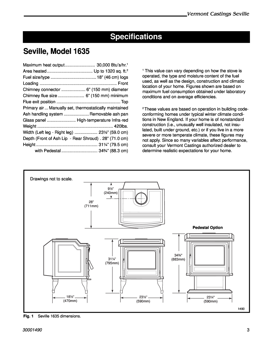 Vermont Casting 1636, 1635, 1638, 1637 Specifications, Seville, Model, Vermont Castings Seville, Drawings not to scale 