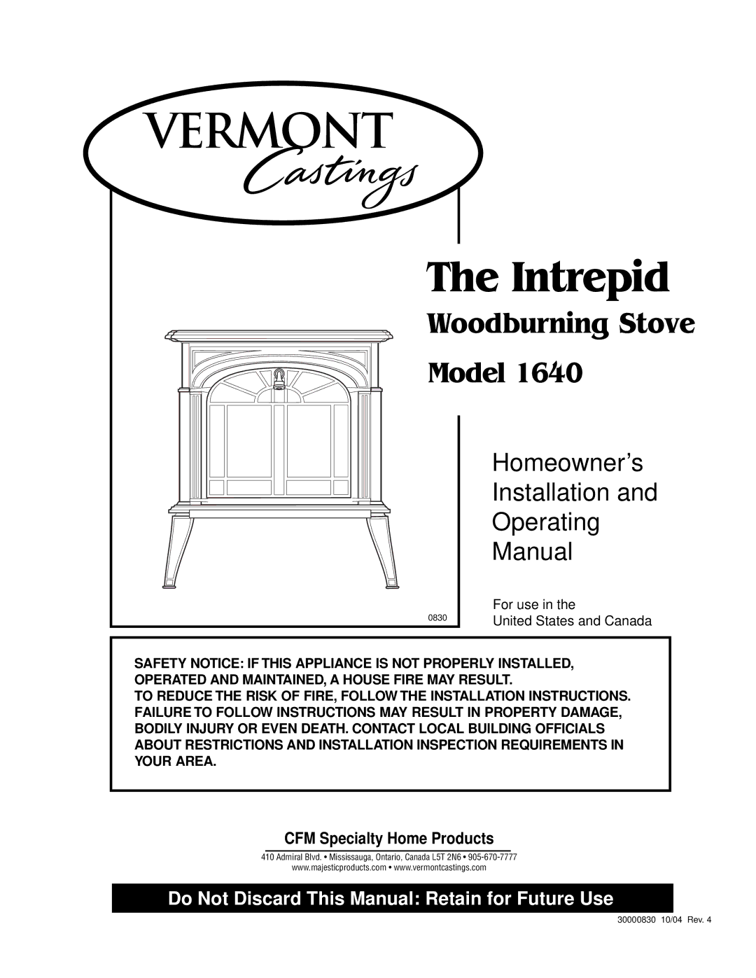 Vermont Casting 1640 installation instructions Intrepid 