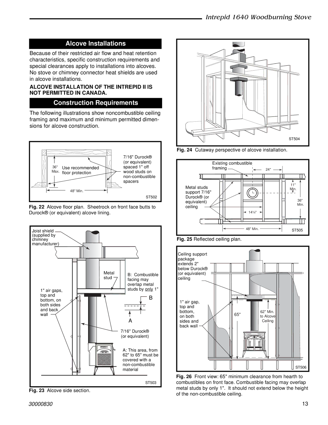 Vermont Casting 1640 installation instructions Alcove Installations, Construction Requirements 