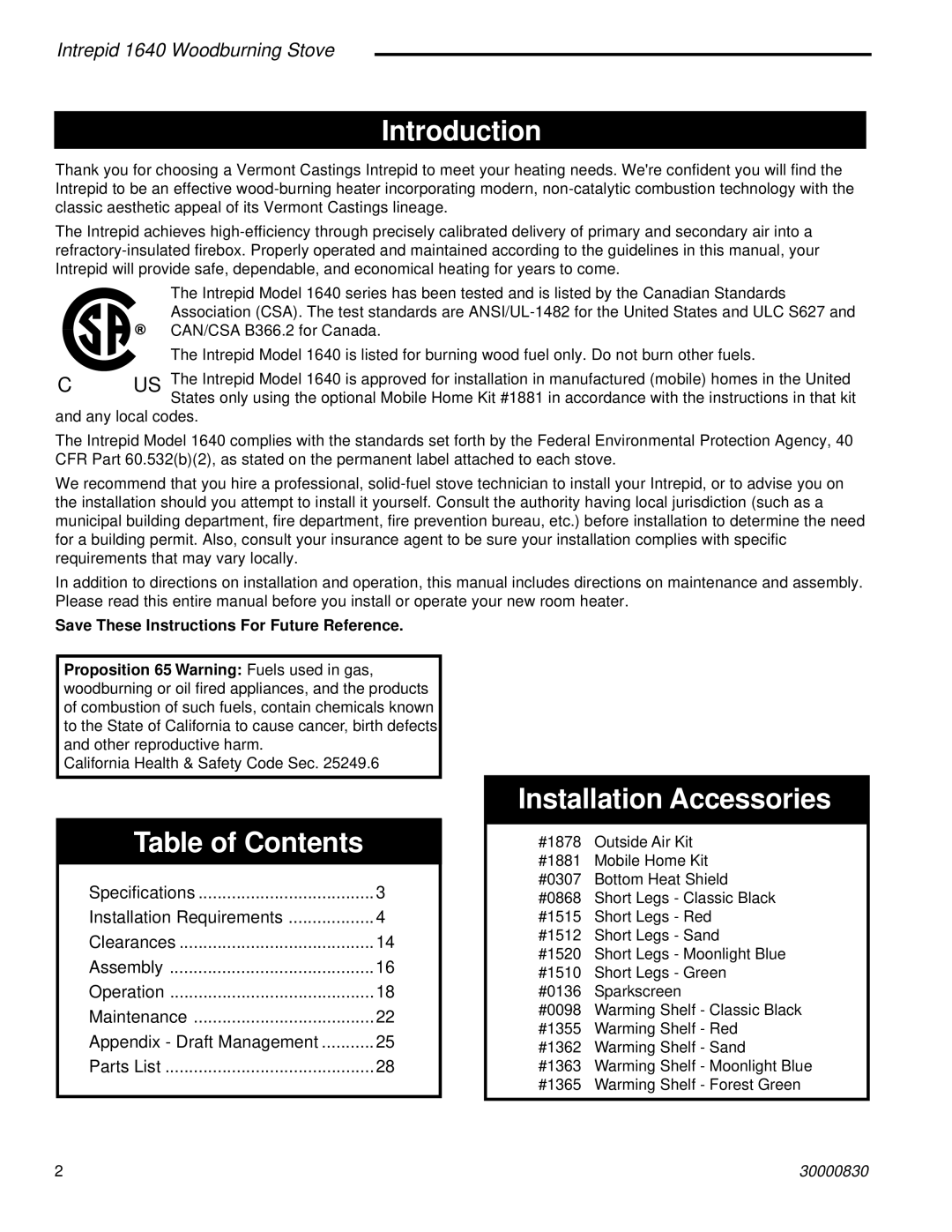 Vermont Casting 1640 installation instructions Introduction, Table of Contents, Installation Accessories 