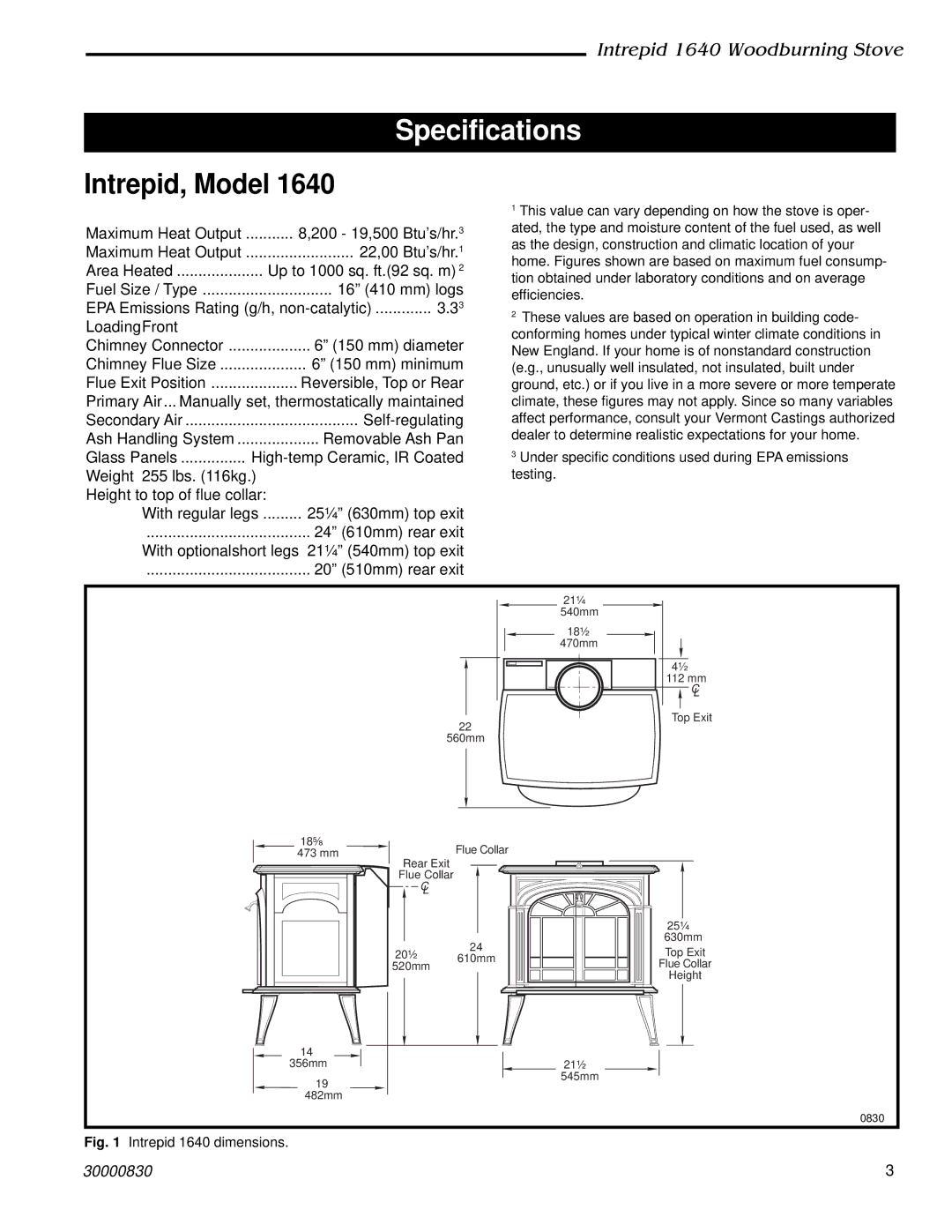 Vermont Casting 1640 installation instructions Specifications, Intrepid, Model 