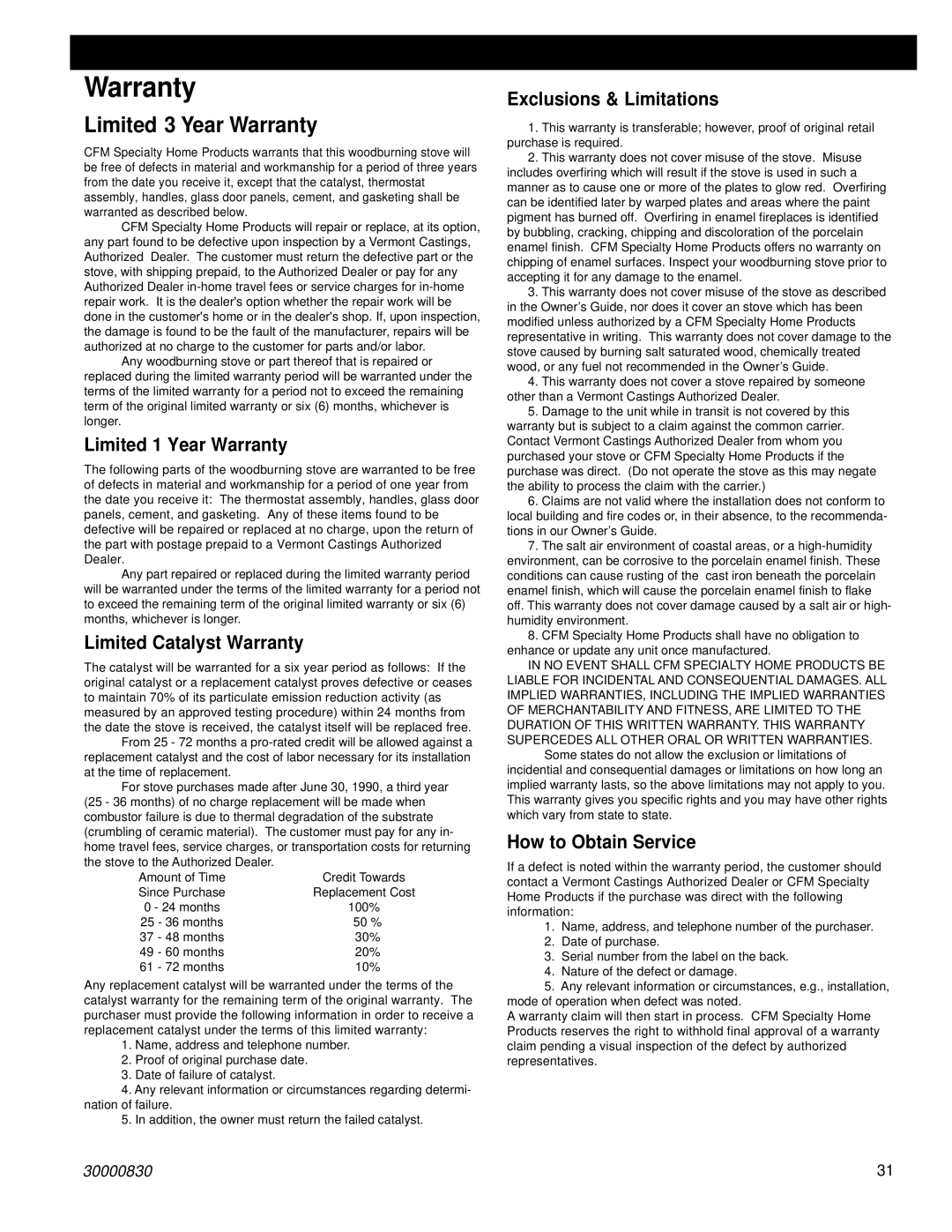 Vermont Casting 1640 installation instructions Warranty 