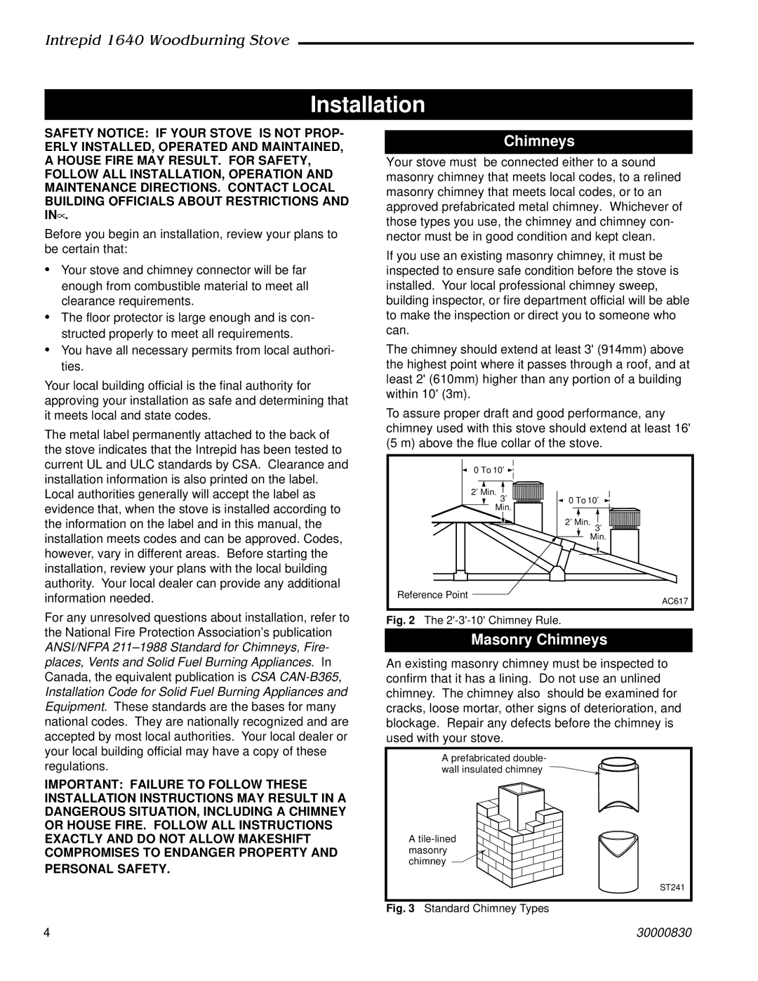 Vermont Casting 1640 installation instructions Installation, Masonry Chimneys 