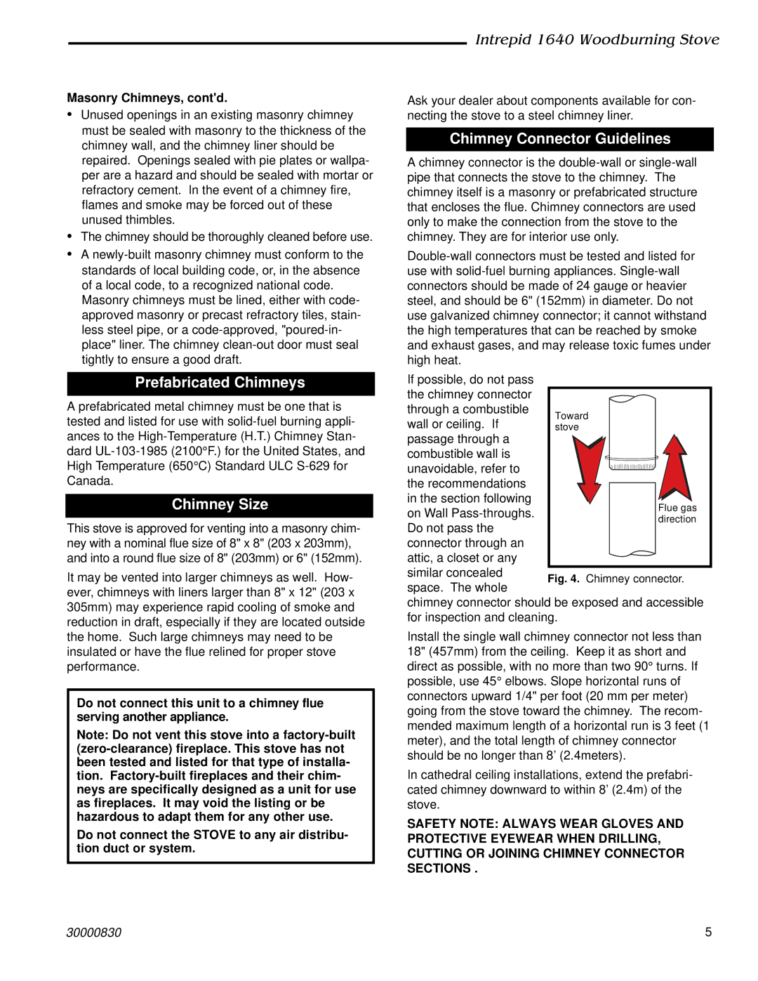 Vermont Casting 1640 Prefabricated Chimneys, Chimney Size, Chimney Connector Guidelines, Masonry Chimneys, contd 