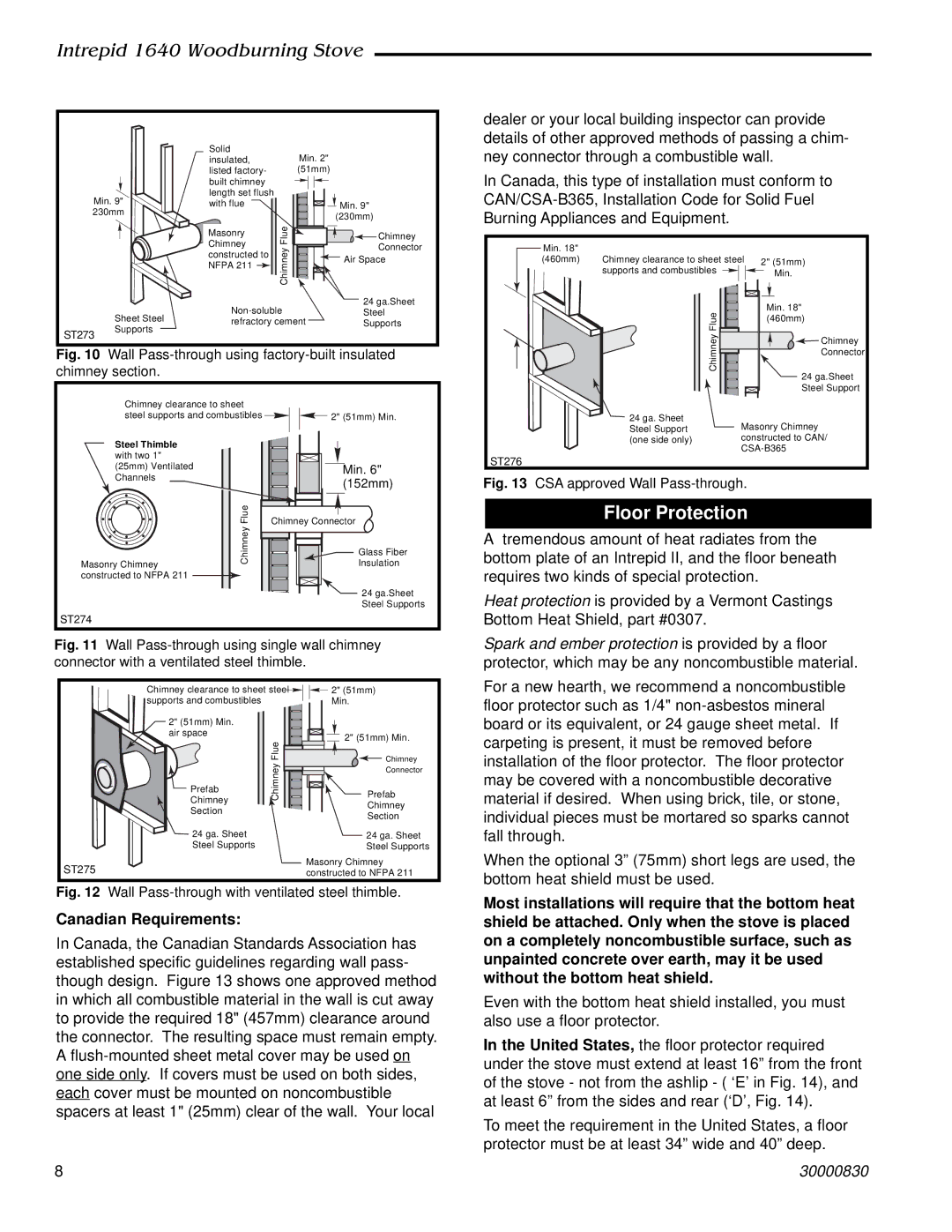 Vermont Casting 1640 installation instructions Floor Protection, Canadian Requirements 