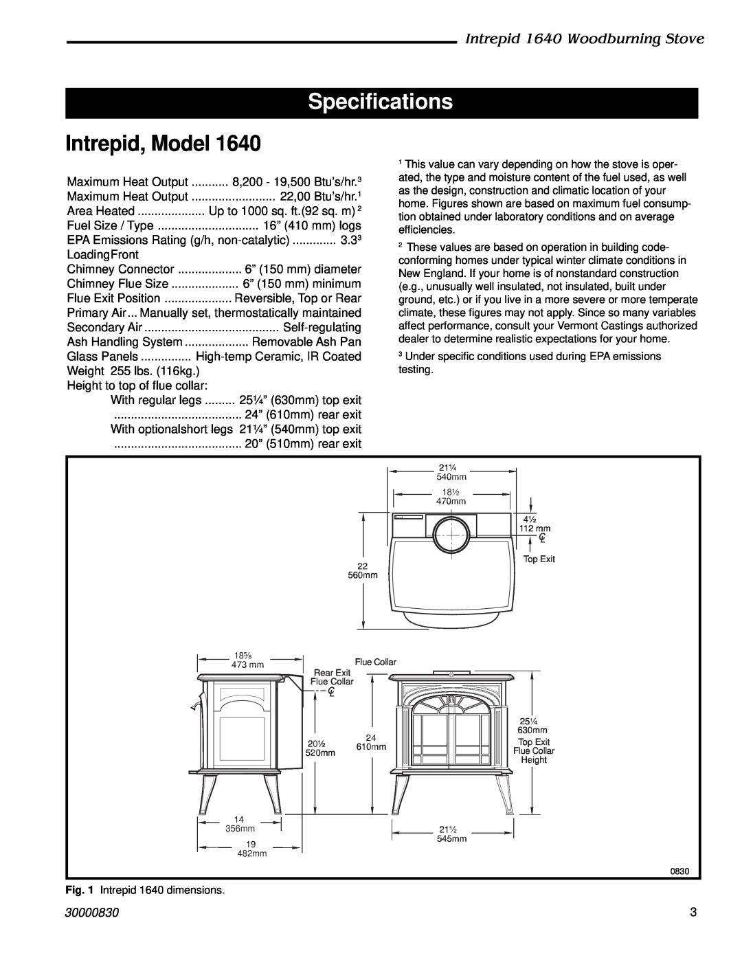Vermont Casting installation instructions Specifications, Intrepid, Model, Intrepid 1640 Woodburning Stove 