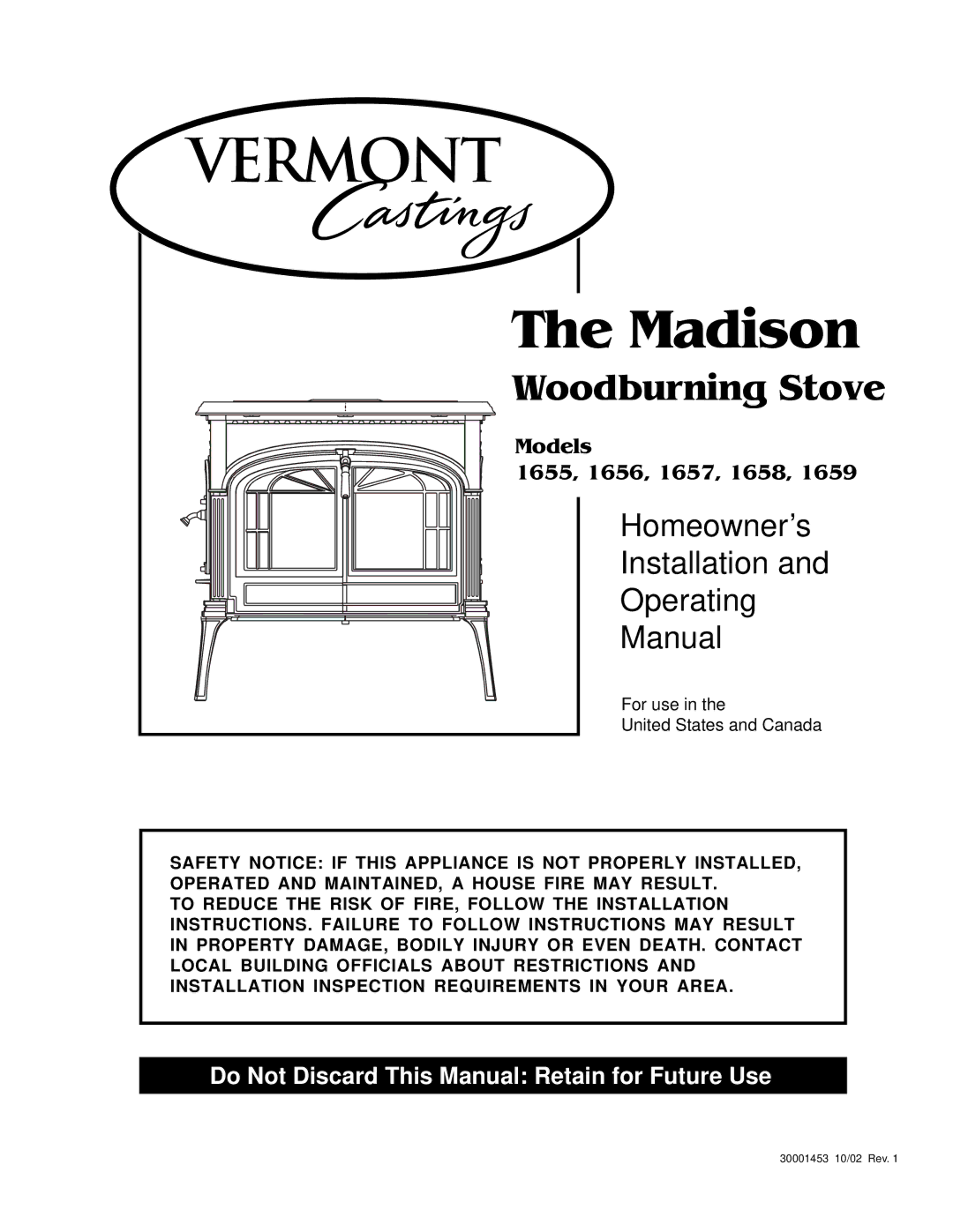 Vermont Casting 1655, 1656, 1657, 1658, 1659 installation instructions Madison 