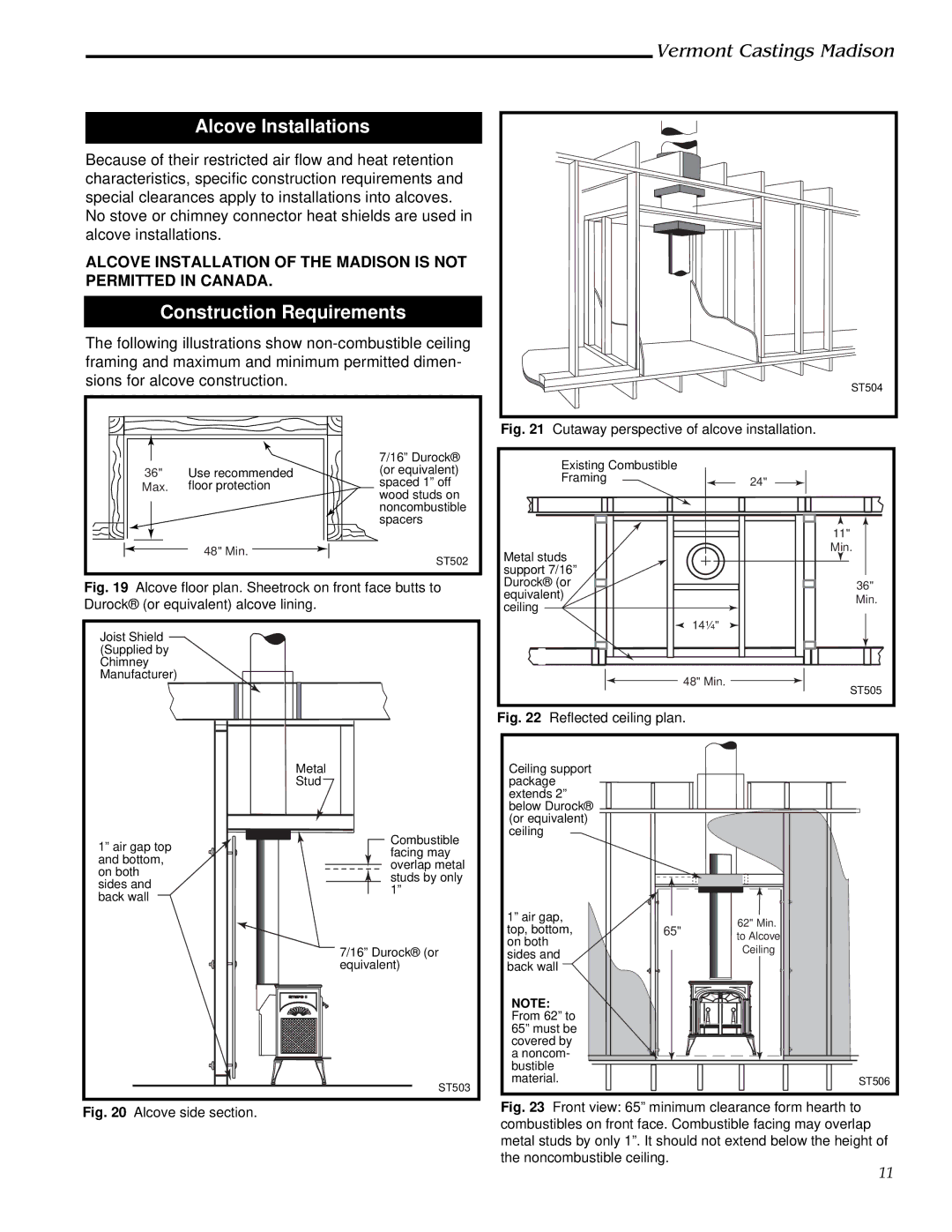 Vermont Casting 1655, 1656, 1657, 1658, 1659 installation instructions Alcove Installations, Construction Requirements 