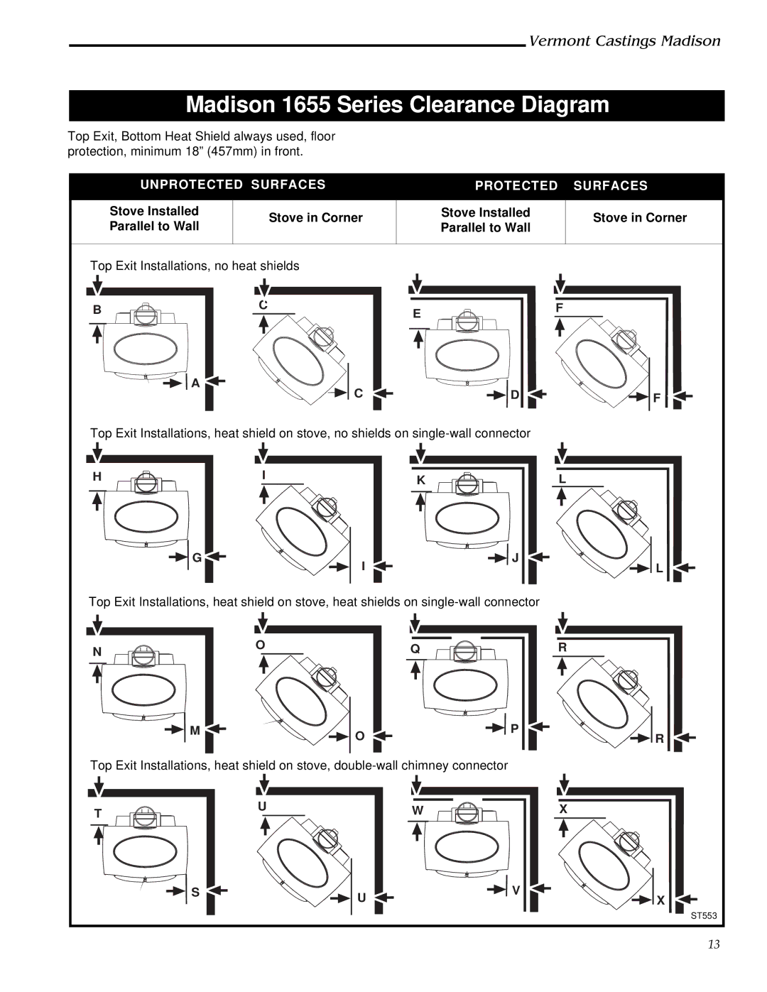 Vermont Casting 1655, 1656, 1657, 1658, 1659 installation instructions Madison 1655 Series Clearance Diagram 