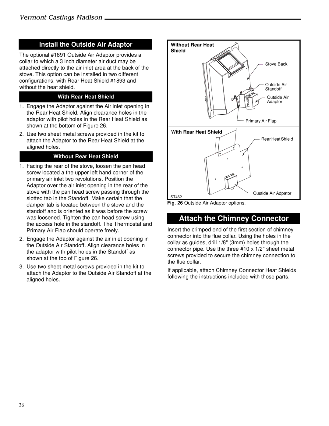 Vermont Casting 1655, 1656, 1657, 1658, 1659 Install the Outside Air Adaptor, With Rear Heat Shield 