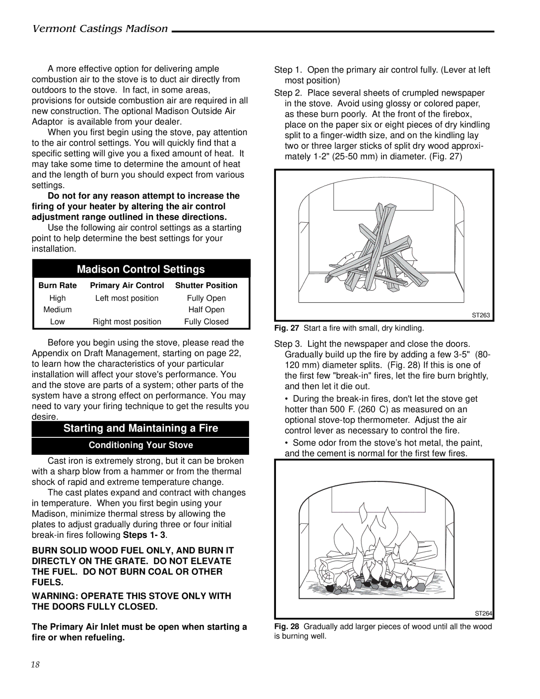 Vermont Casting 1655, 1656, 1657, 1658, 1659 Madison Control Settings, Starting and Maintaining a Fire 