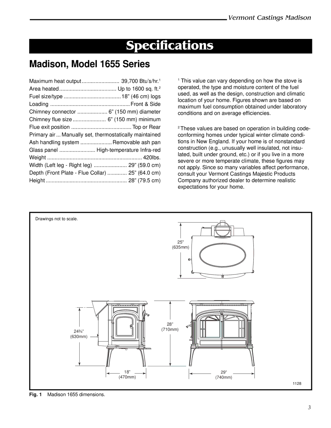 Vermont Casting 1655, 1656, 1657, 1658, 1659 installation instructions Specifications, Madison, Model 1655 Series 