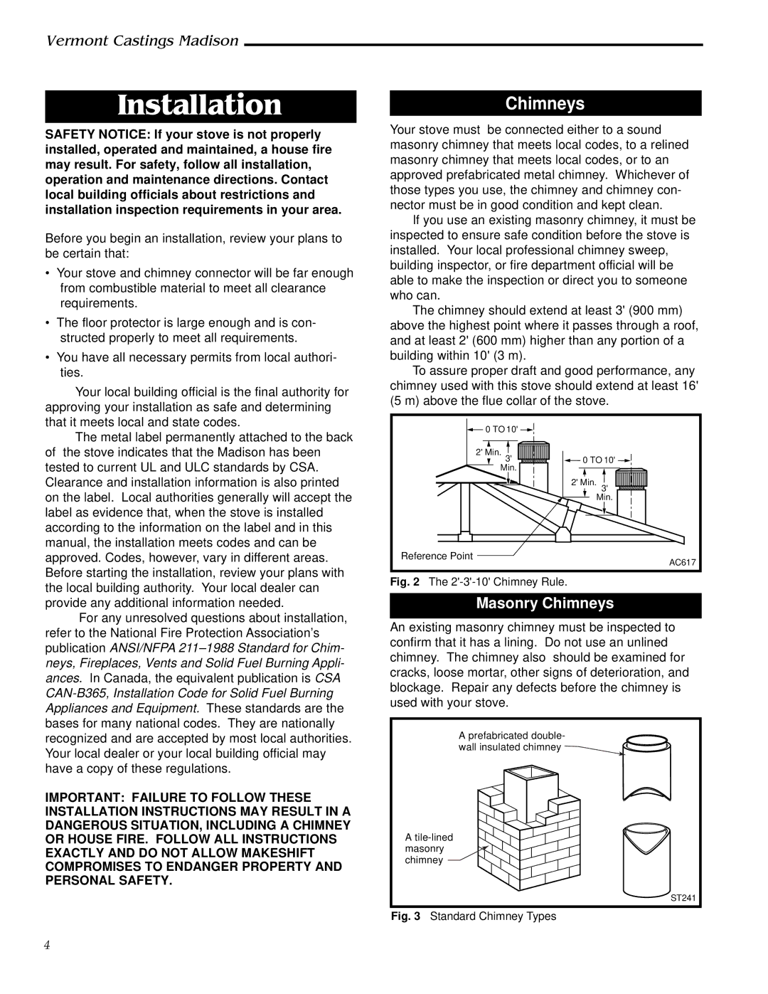 Vermont Casting 1655, 1656, 1657, 1658, 1659 installation instructions Installation, Masonry Chimneys 