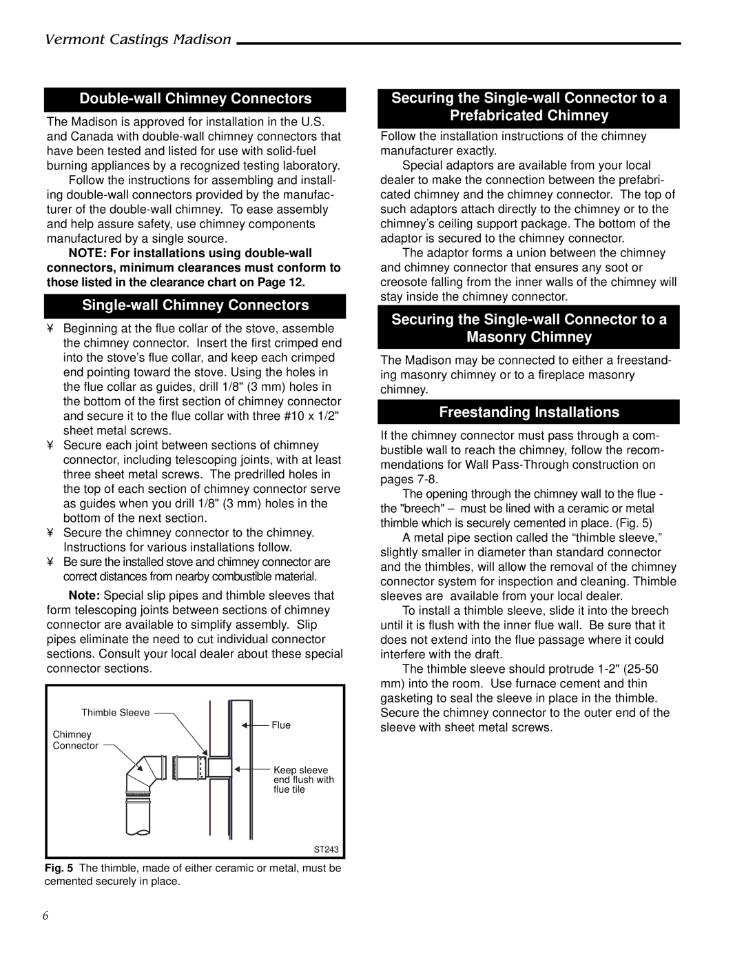 Vermont Casting 1655, 1656, 1657, 1658, 1659 Double-wall Chimney Connectors, Single-wall Chimney Connectors 