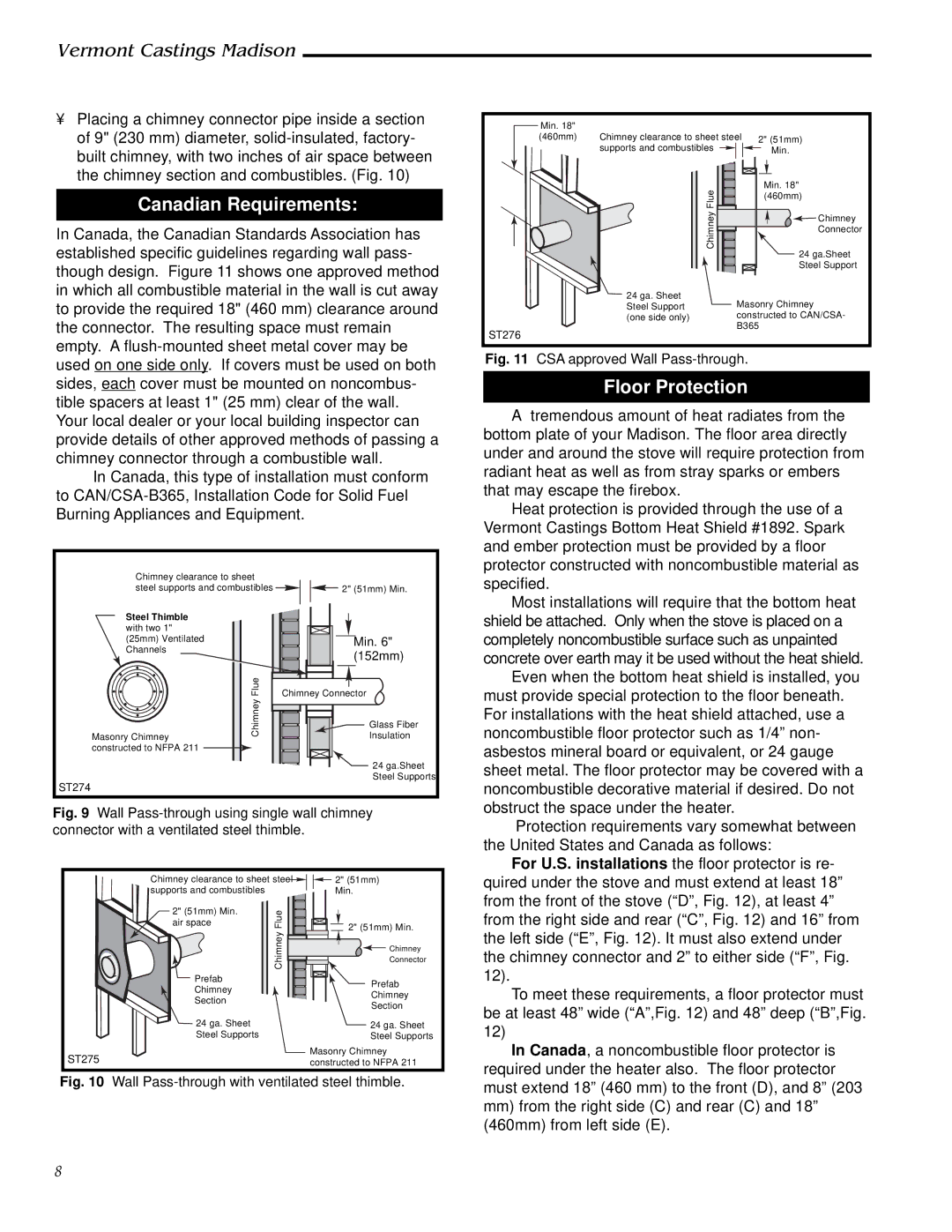 Vermont Casting 1655, 1656, 1657, 1658, 1659 installation instructions Canadian Requirements, Floor Protection 