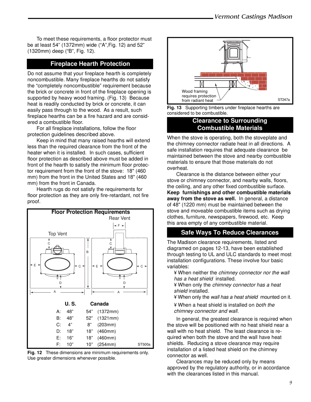 Vermont Casting 1655, 1656, 1657, 1658, 1659 Fireplace Hearth Protection, Clearance to Surrounding Combustible Materials 