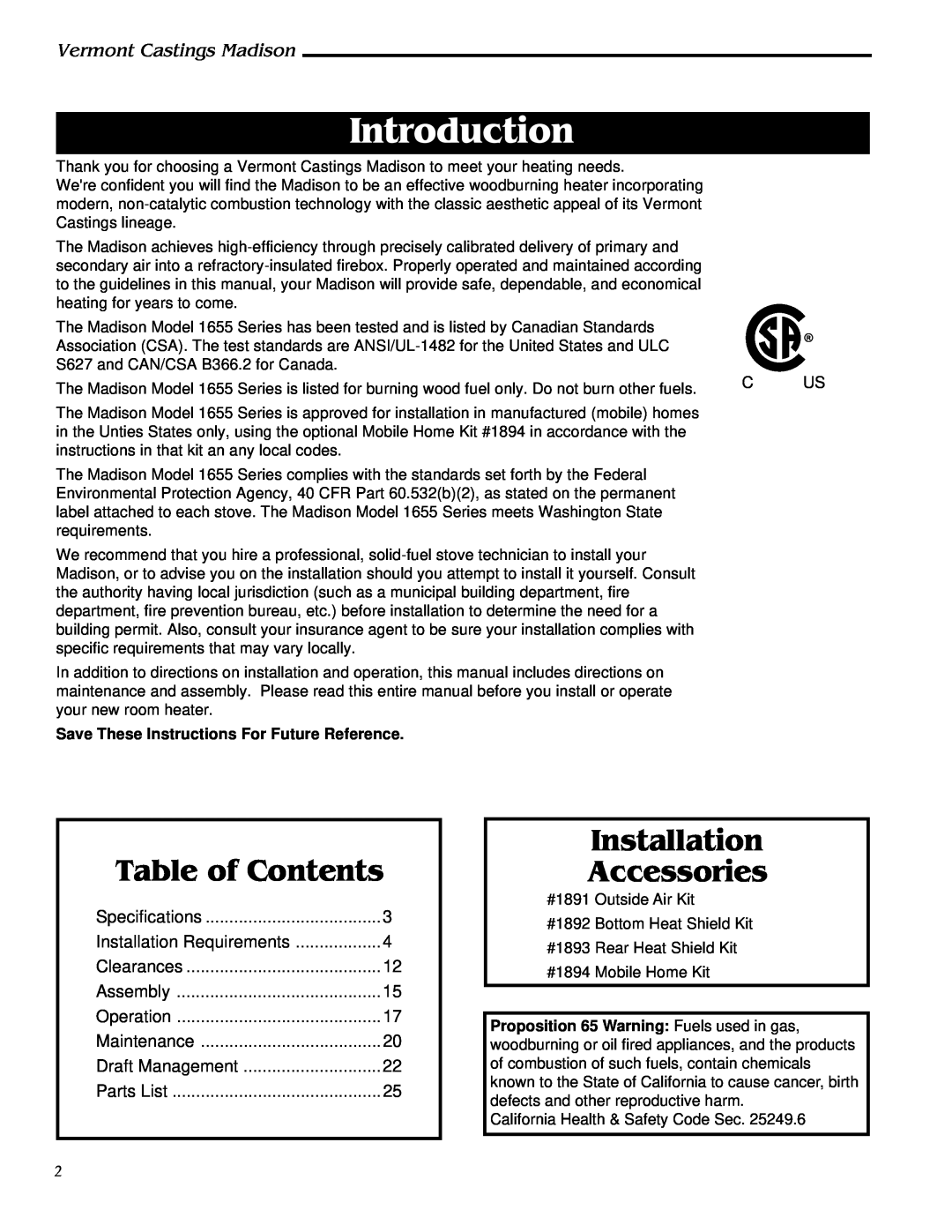 Vermont Casting 1655, 1656, 1657, 1658, 1659 Introduction, Table of Contents, Installation Accessories 
