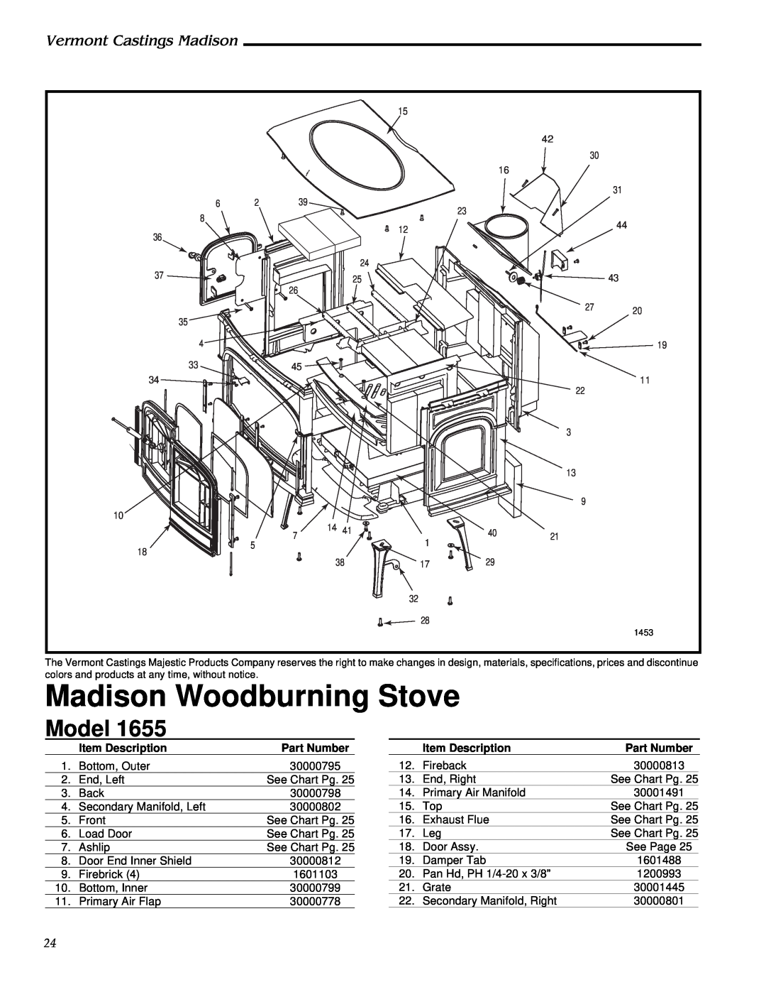 Vermont Casting 1655, 1656, 1657, 1658, 1659 Madison Woodburning Stove, Model, Vermont Castings Madison, Item Description 