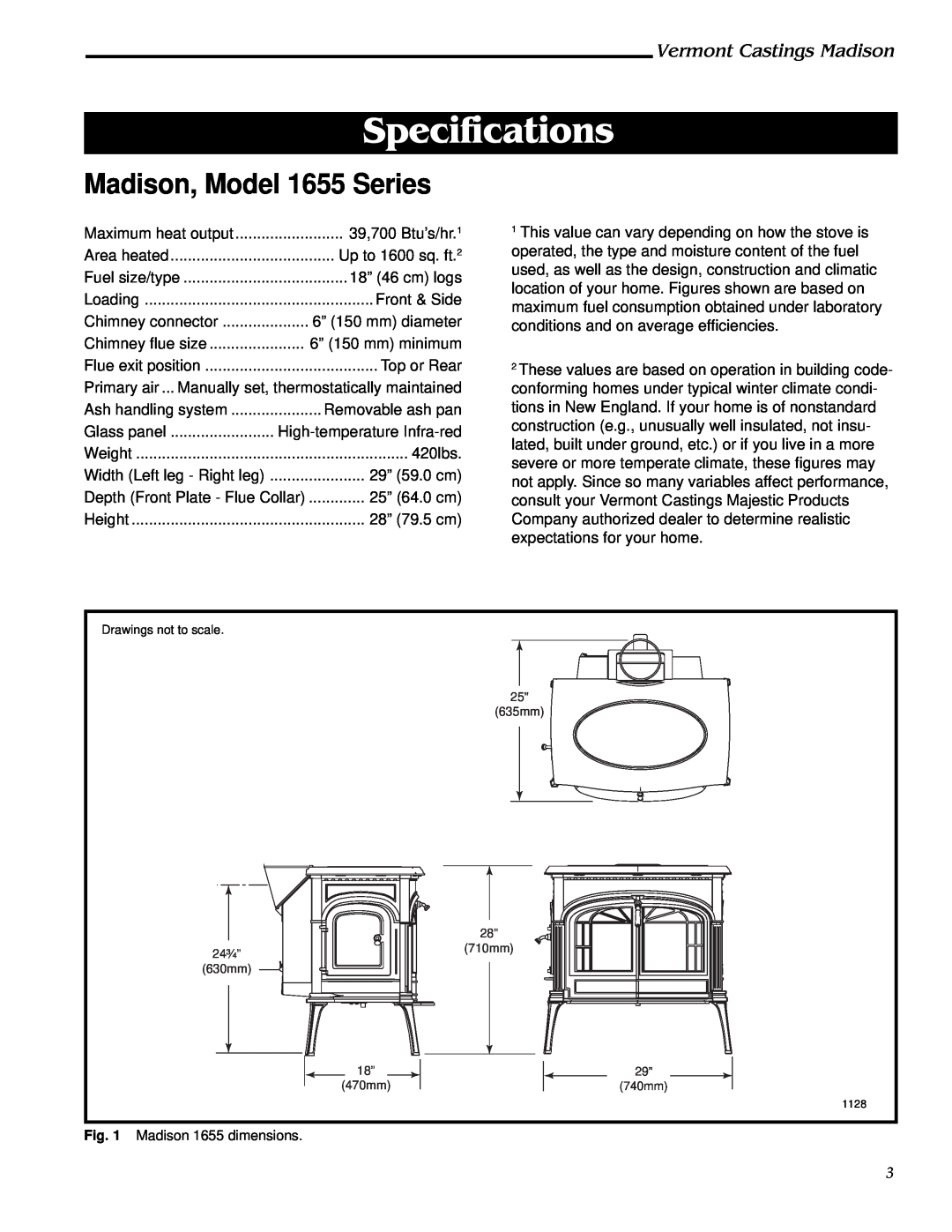 Vermont Casting 1655, 1656, 1657, 1658, 1659 Specifications, Madison, Model 1655 Series, Vermont Castings Madison 
