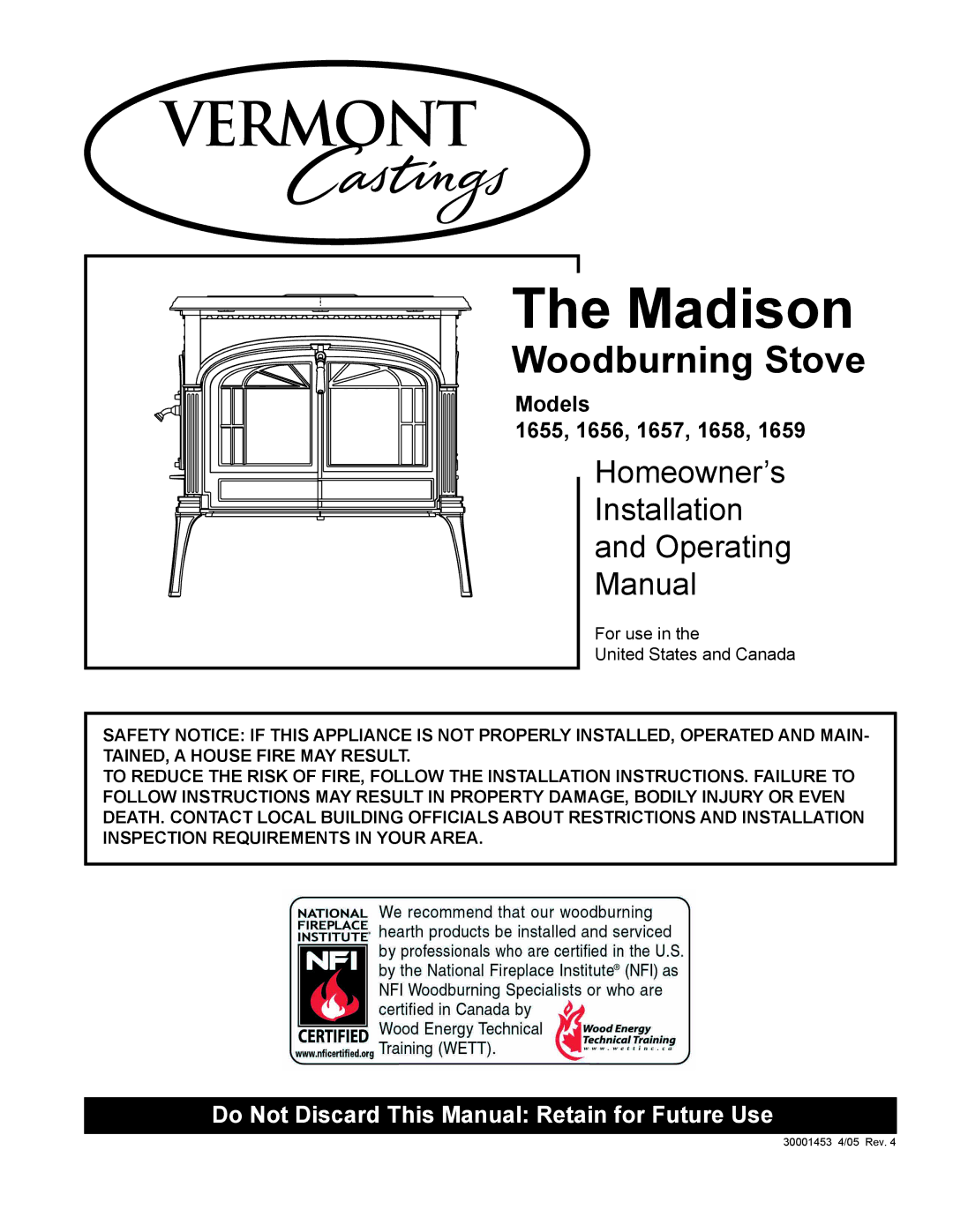 Vermont Casting 1656, 1659, 1655, 1657, 1658 installation instructions Madison 