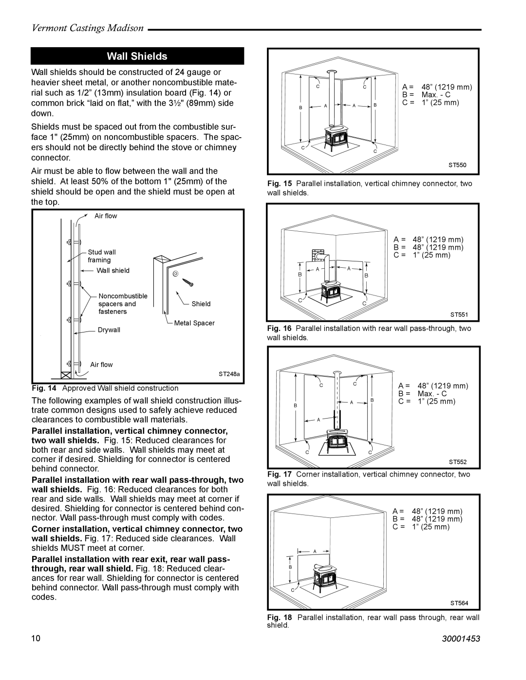 Vermont Casting 1659, 1656, 1655, 1657, 1658 installation instructions Wall Shields, Approved Wall shield construction 