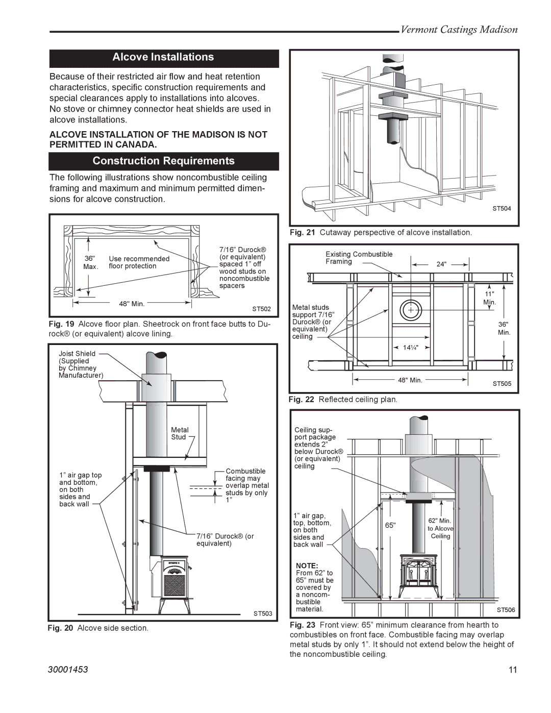 Vermont Casting 1656, 1659, 1655, 1657, 1658 installation instructions Alcove Installations, Construction Requirements 