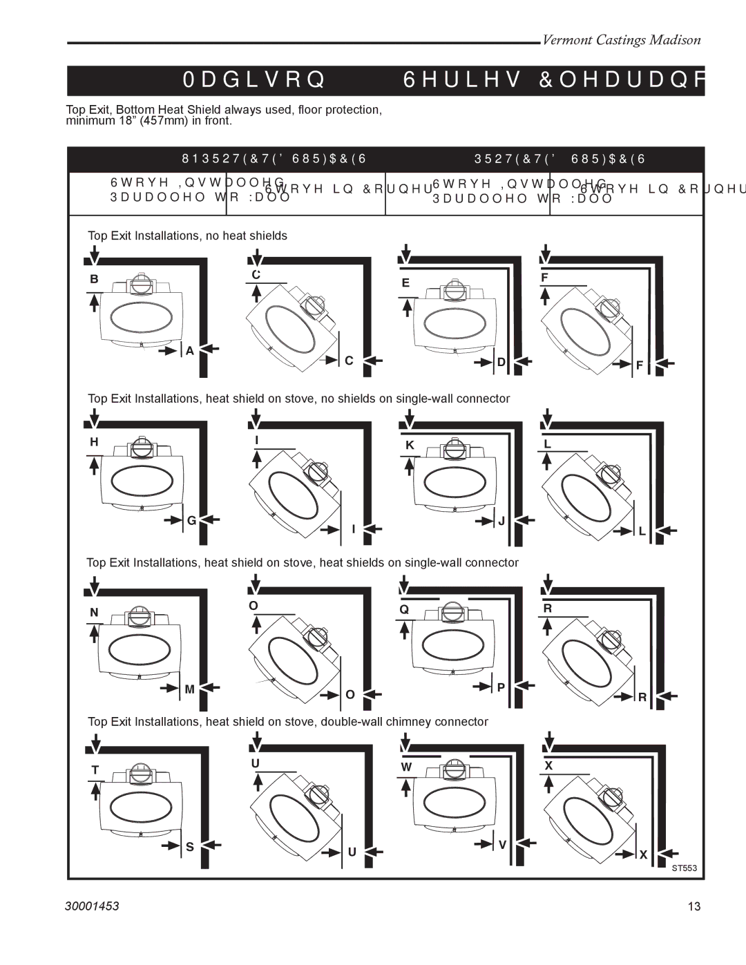 Vermont Casting 1657, 1659, 1656, 1658 Madison 1655 Series Clearance Diagram, Unprotected Surfaces Protected Surfaces 