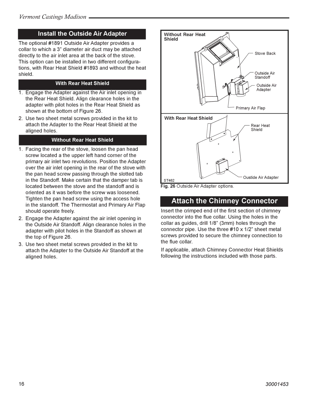 Vermont Casting 1656, 1659, 1655, 1657, 1658 installation instructions Install the Outside Air Adapter, With Rear Heat Shield 