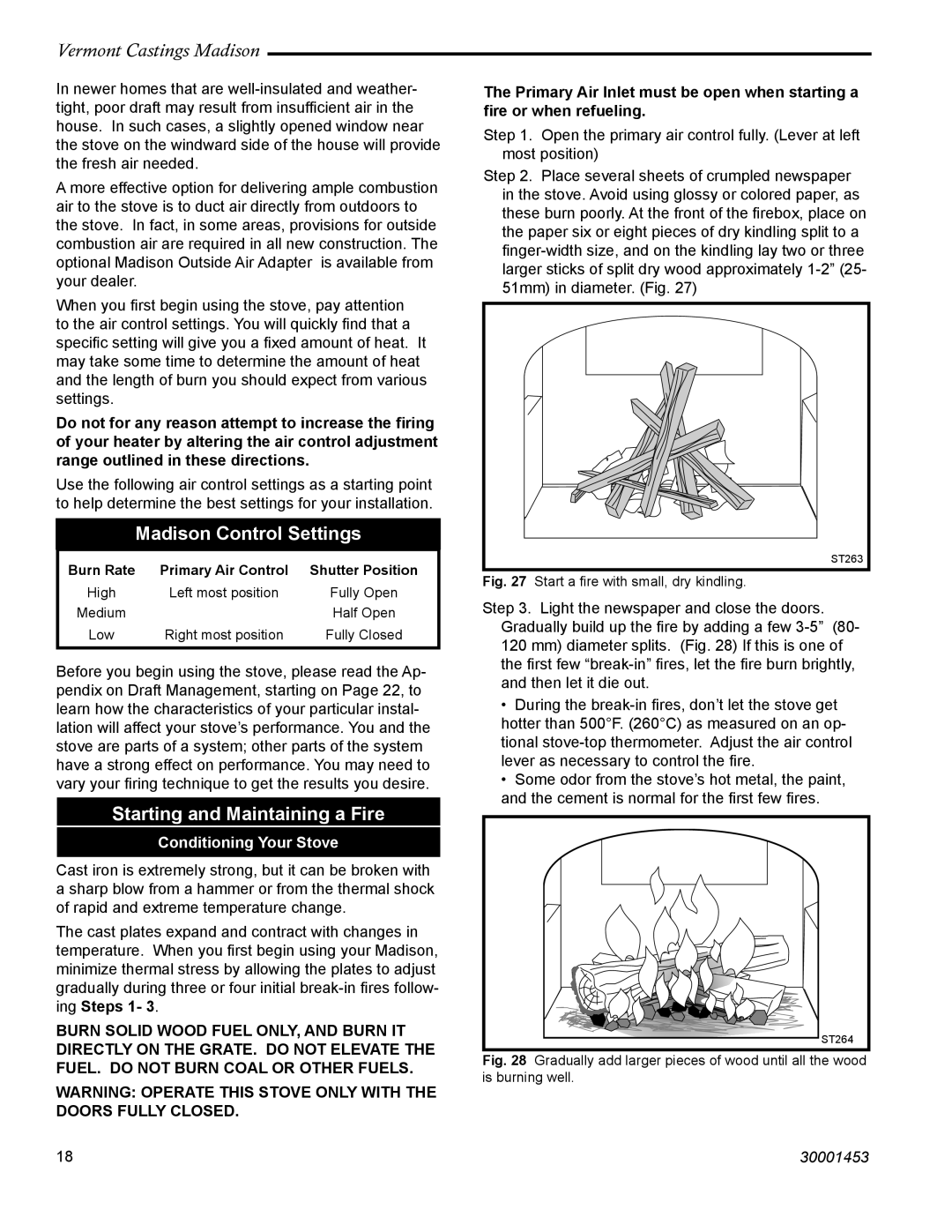 Vermont Casting 1657, 1659, 1656, 1655, 1658 Madison Control Settings, Starting and Maintaining a Fire 