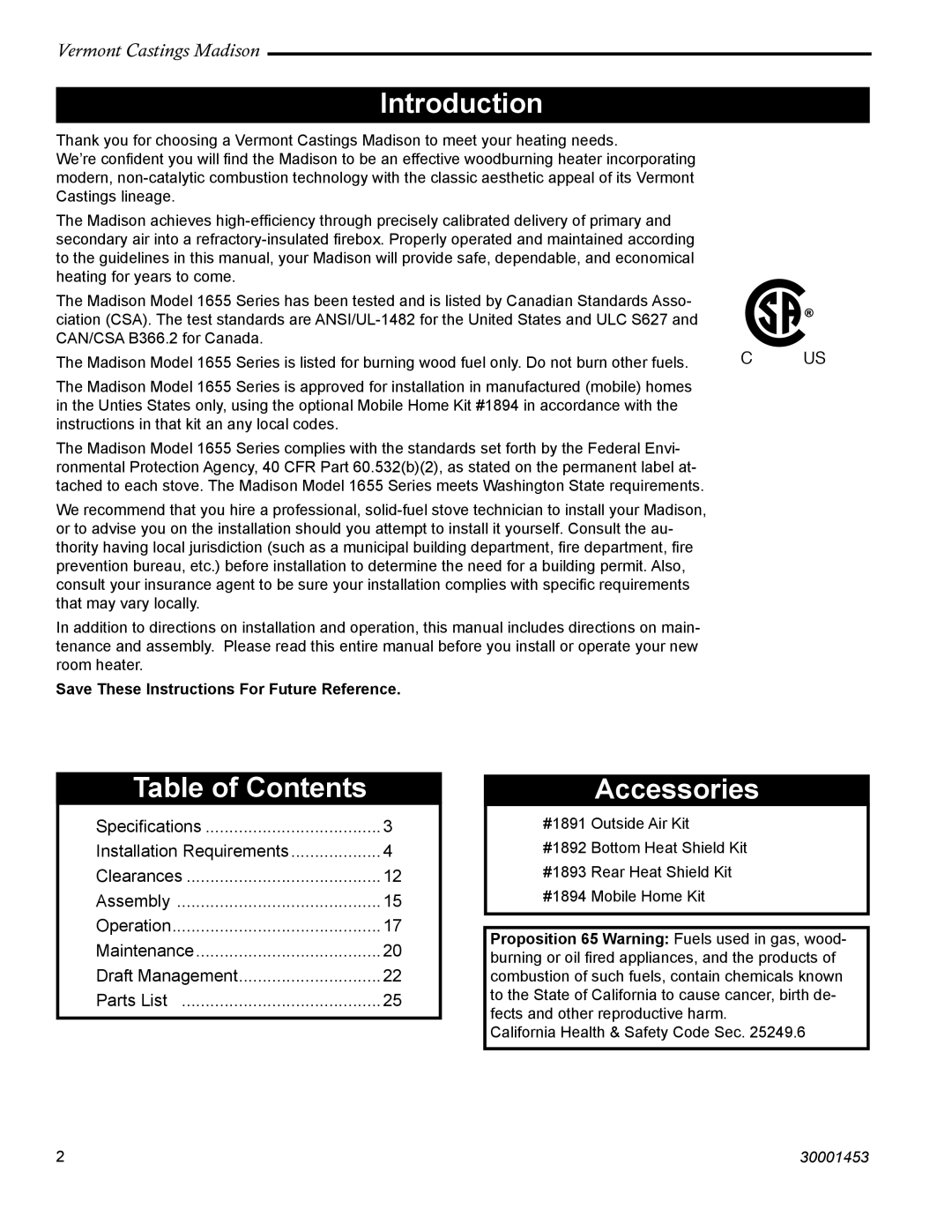 Vermont Casting 1655, 1659, 1656, 1657, 1658 installation instructions Introduction, Table of Contents, Accessories 