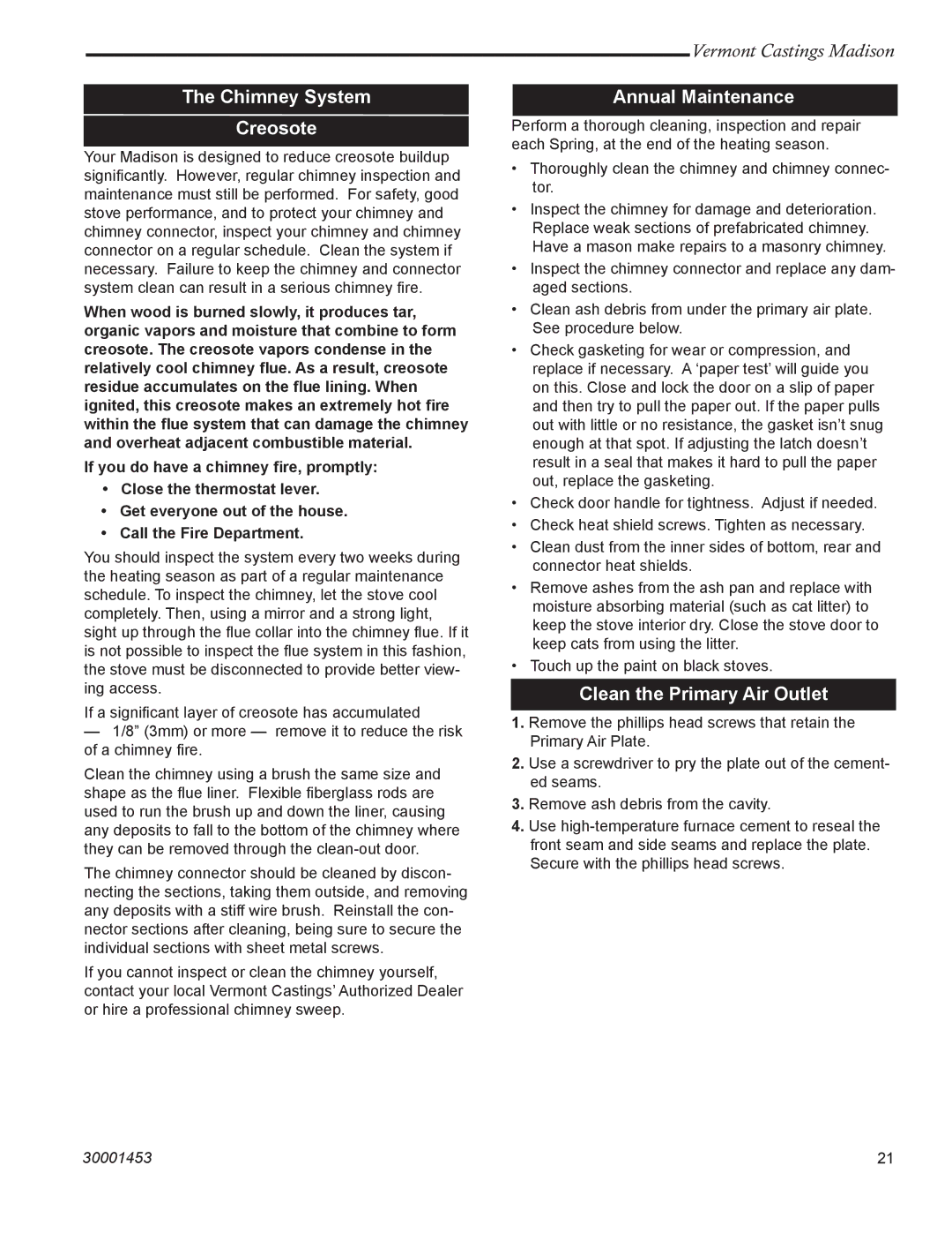 Vermont Casting 1656, 1659, 1655, 1657, 1658 Chimney System Creosote, Annual Maintenance, Clean the Primary Air Outlet 