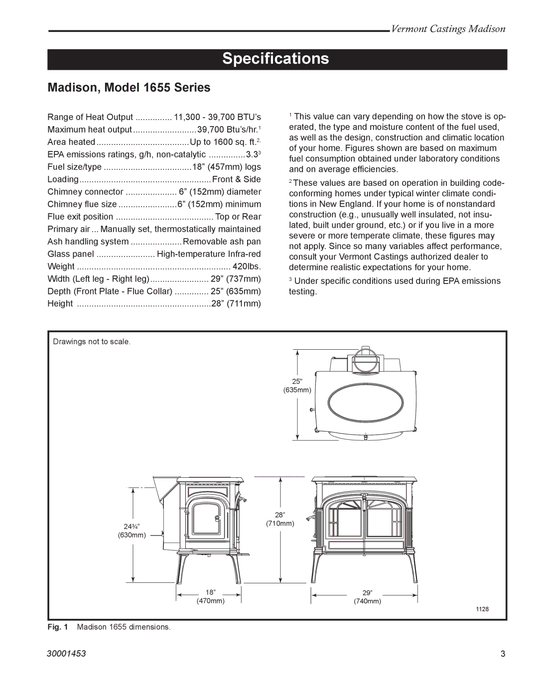 Vermont Casting 1657, 1659, 1656, 1658 installation instructions Speciﬁcations, Madison, Model 1655 Series 