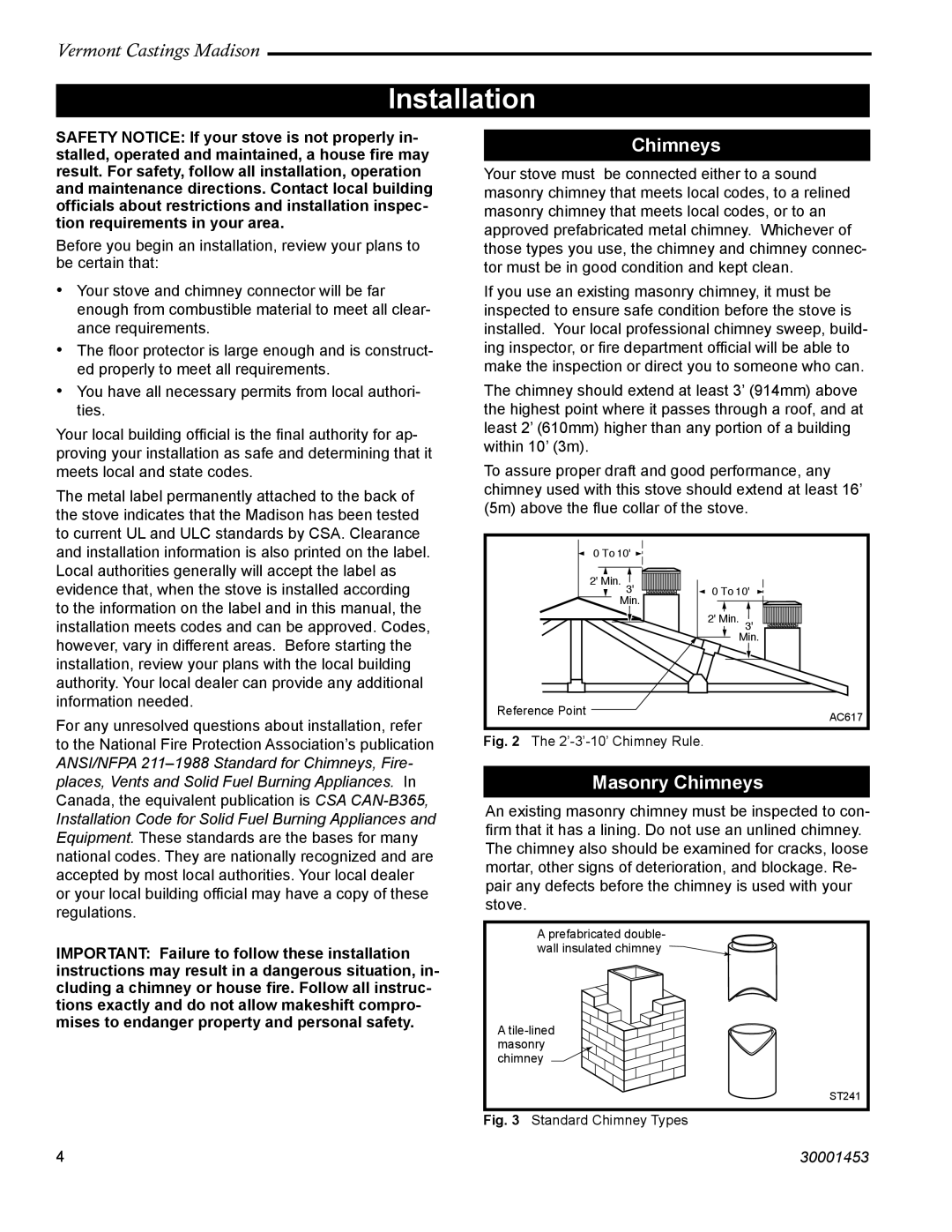 Vermont Casting 1658, 1659, 1656, 1655, 1657 installation instructions Installation, Masonry Chimneys 