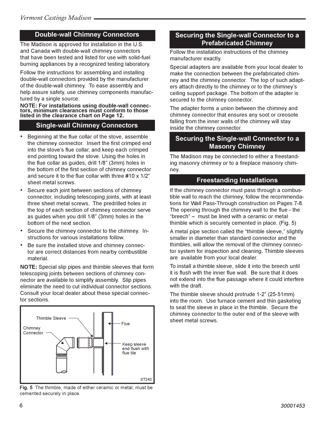 Vermont Casting 1656, 1659, 1655 Double-wall Chimney Connectors, Single-wall Chimney Connectors, Freestanding Installations 