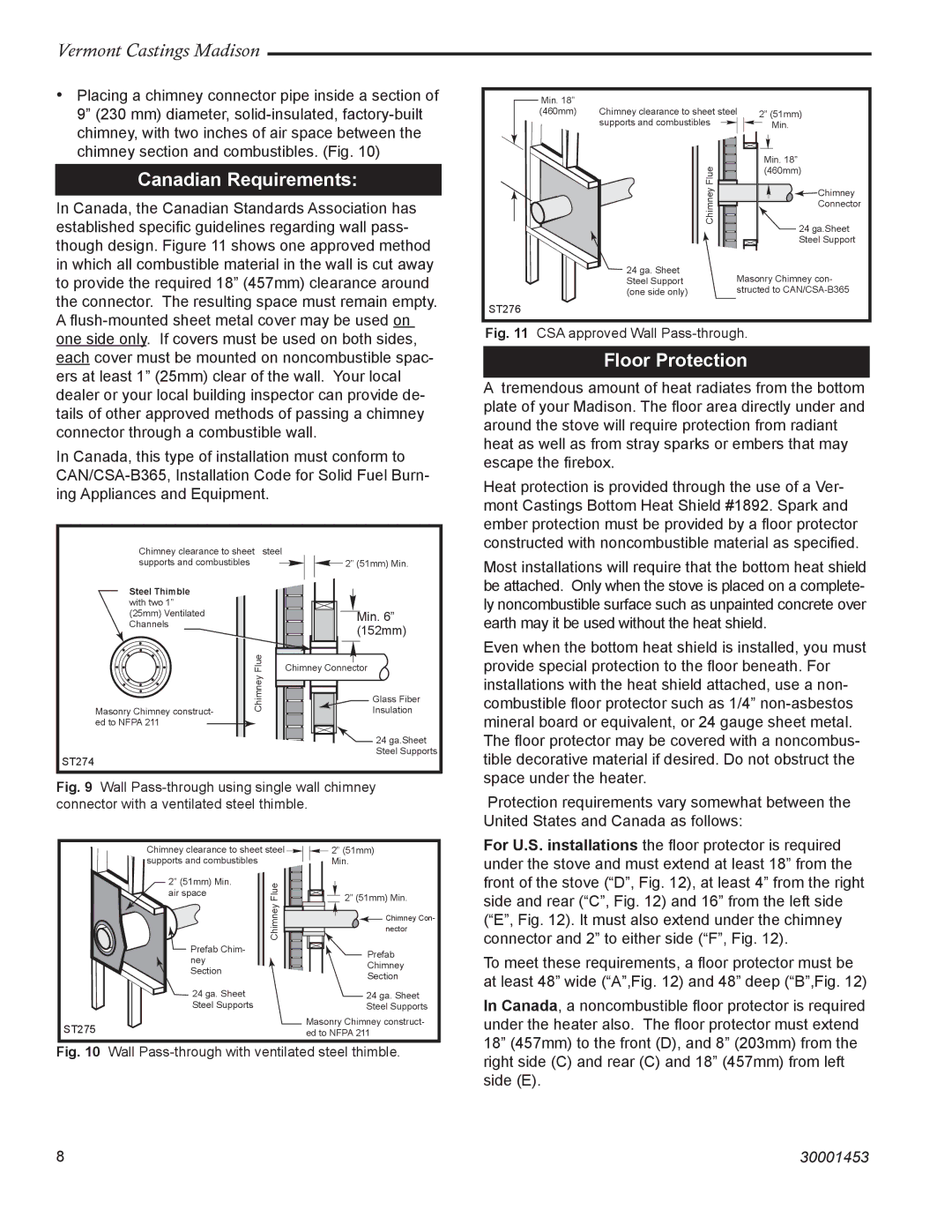 Vermont Casting 1657, 1659, 1656, 1655, 1658 installation instructions Canadian Requirements, Floor Protection 