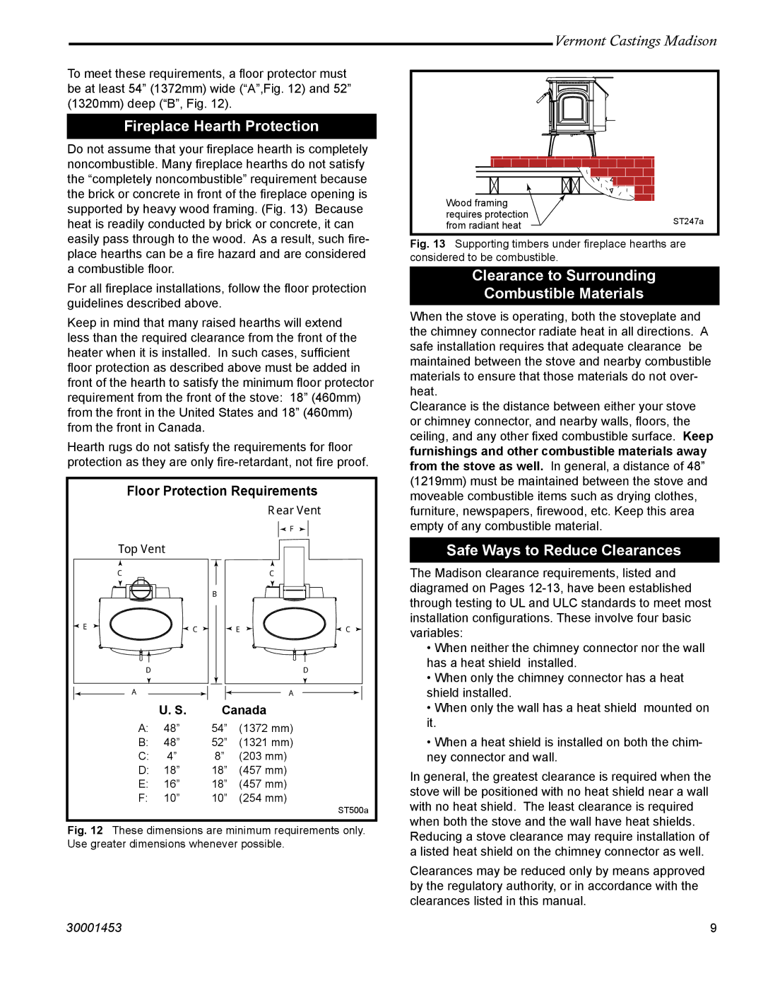 Vermont Casting 1658, 1659, 1656, 1655, 1657 Fireplace Hearth Protection, Clearance to Surrounding Combustible Materials 