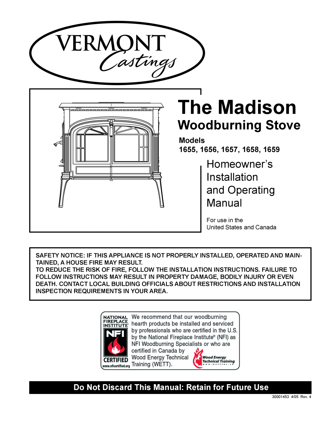 Vermont Casting 1656 installation instructions Woodburning Stove, Models, 1655, The Madison, Homeowner’s, Installation 