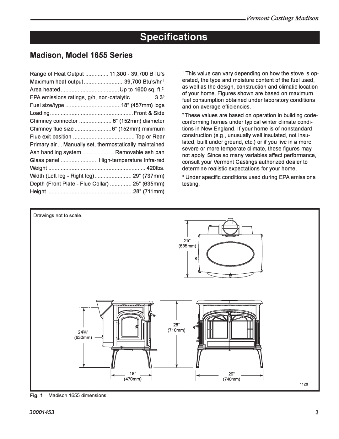 Vermont Casting 1657, 1659, 1656, 1658 Speciﬁcations, Madison, Model 1655 Series, Vermont Castings Madison, 30001453 