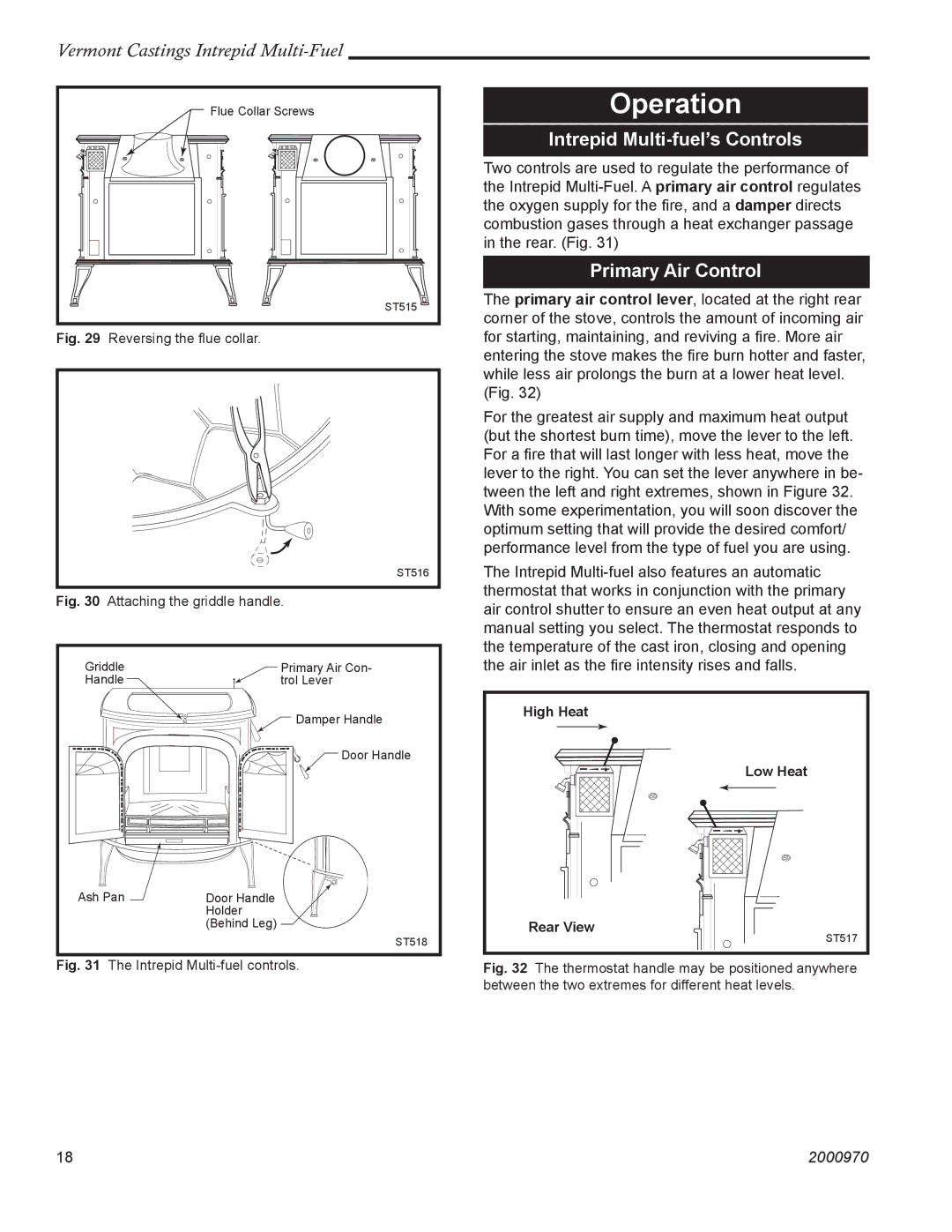 Vermont Casting 1695 installation instructions Operation, Intrepid Multi-fuel’s Controls, Primary Air Control 