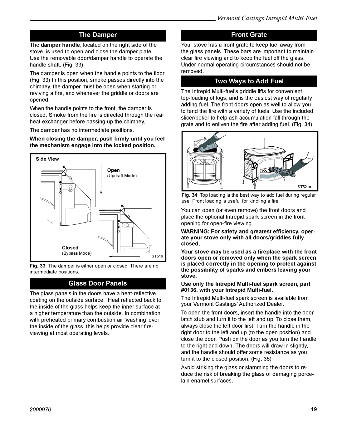 Vermont Casting 1695 installation instructions Damper, Glass Door Panels, Front Grate, Two Ways to Add Fuel 