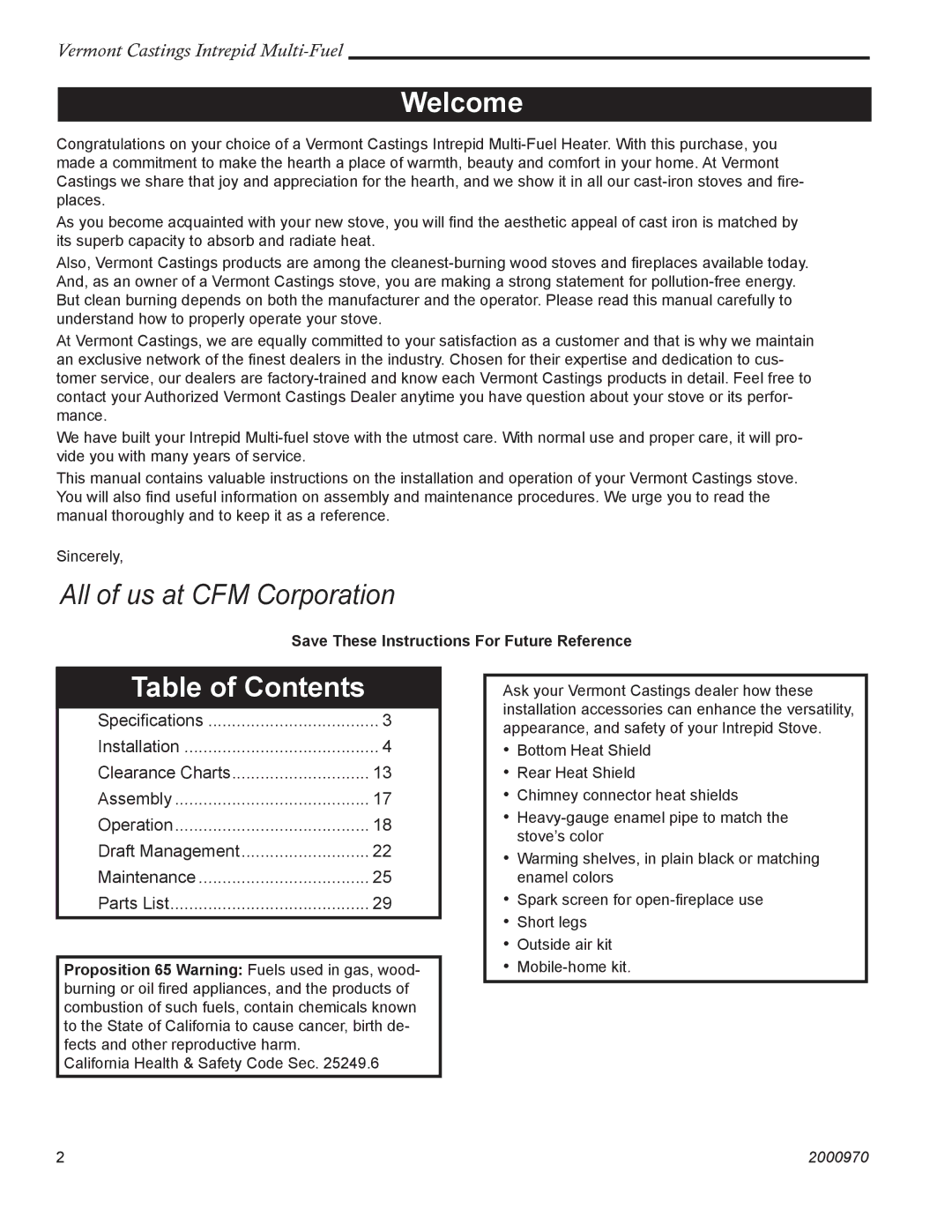 Vermont Casting 1695 installation instructions Welcome, Table of Contents 
