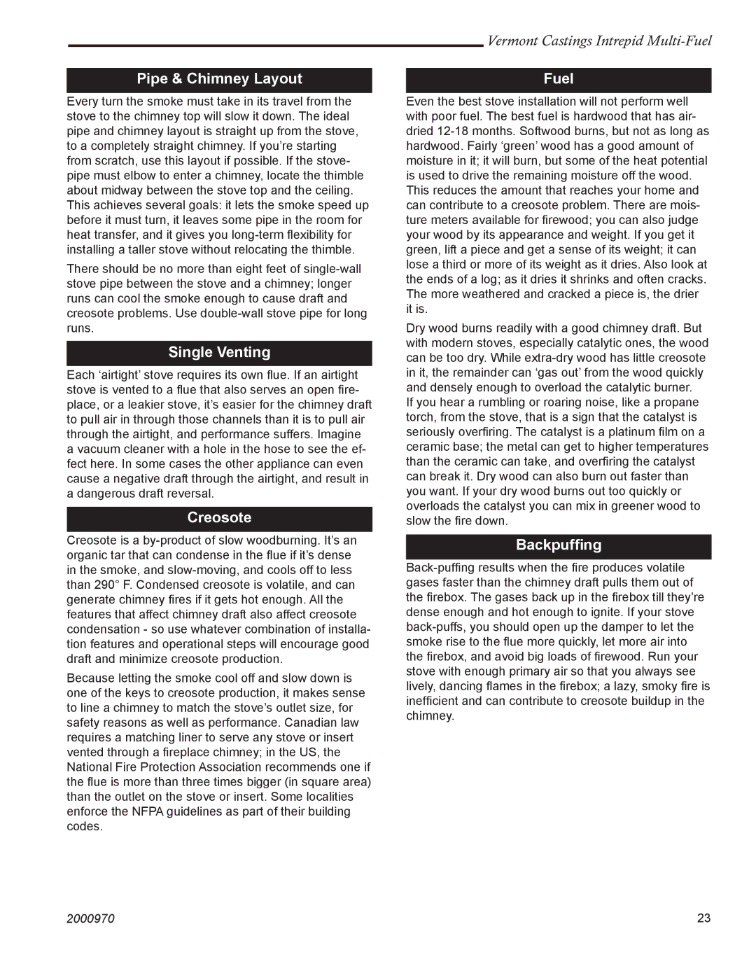 Vermont Casting 1695 installation instructions Pipe & Chimney Layout, Single Venting, Creosote, Fuel, Backpufﬁng 